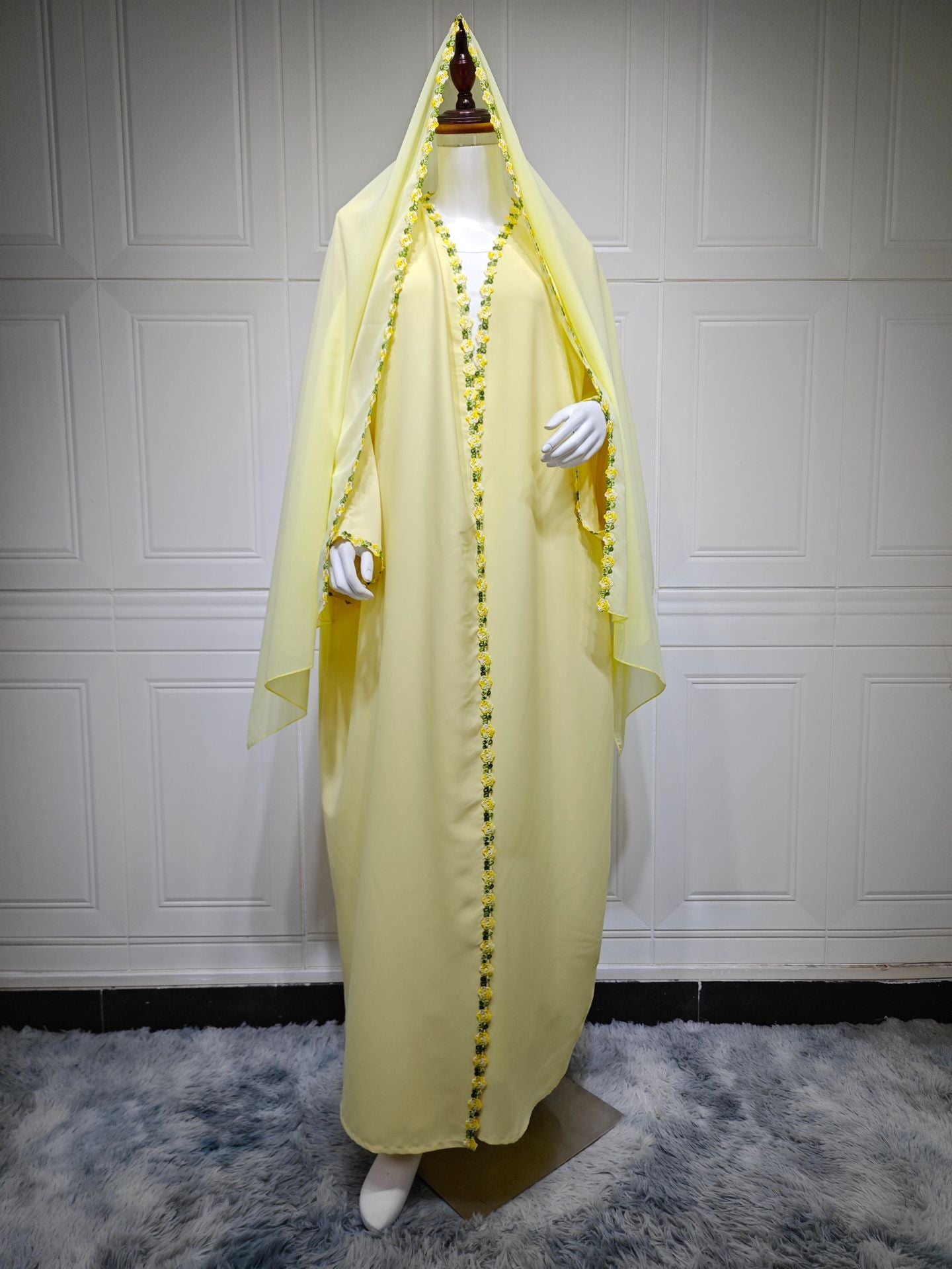 White and Yellow Floral Print Maxi Dress with Hijab Two-Piece Set