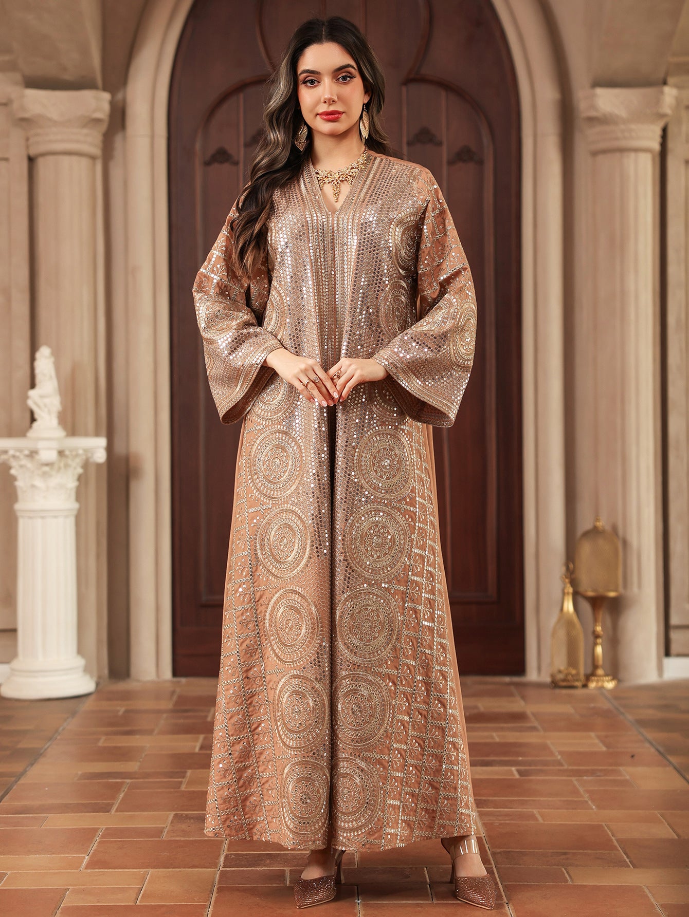 Elegant V Neck Muslim Formal Jalabiya Full Width Circular Sequin Embroidery Relaxed Wide Flare Sleeve Long Glitter Gown 3 Shades All Occasion Eid Holiday Wear
