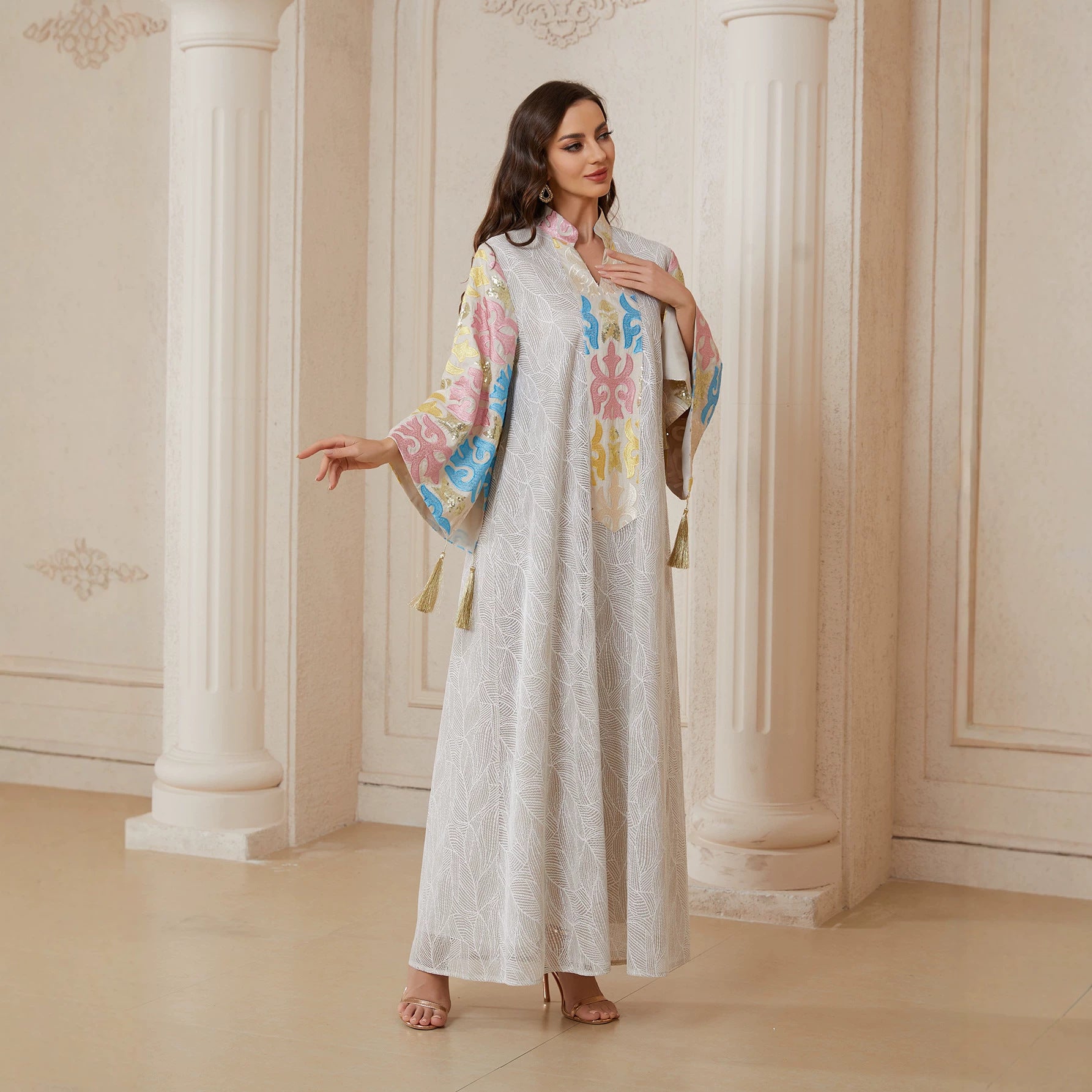 Elegant Multicolor Embroidered Tassel Abaya Women Grey Ivory Leaf Textured V Stand Collar Flared Sleeve Loose Maxi Kaftan Popular Middle East Modest Outfit