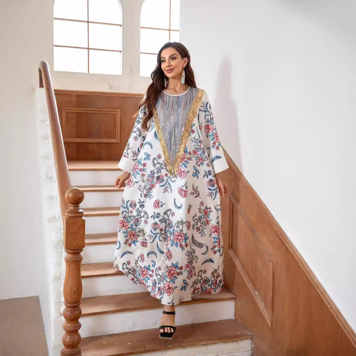 White Floral Print Elegant Abaya - Loose Fitting Modest Long Robe