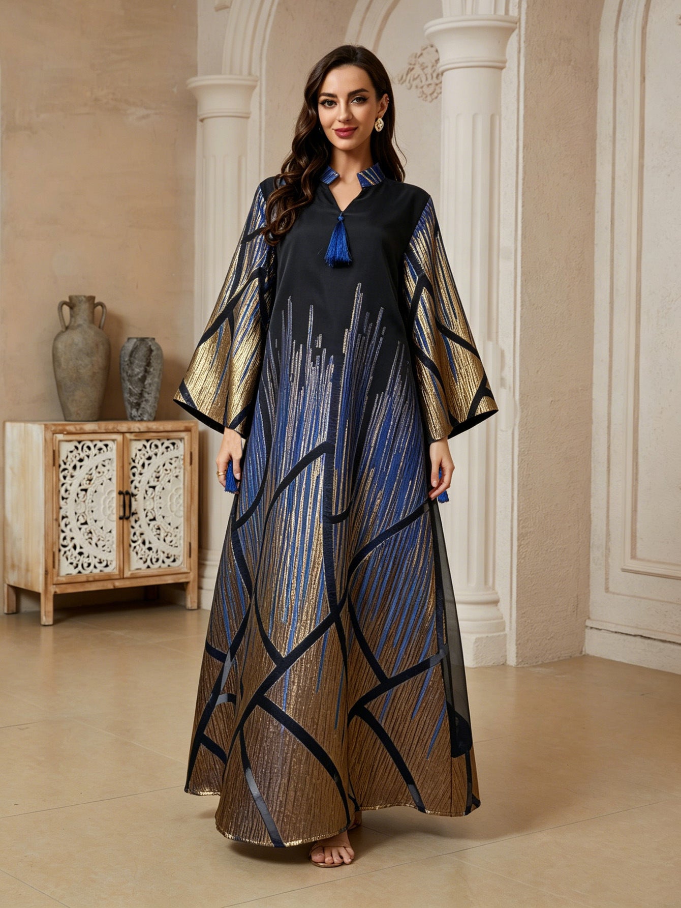 Dubai Islamic Modest Abaya Black Stand Collar Blue Gold Line Geometric Pattern Wide Bell Sleeve Oversized Kaftan Gown For Muslim Ladies Holiday Party