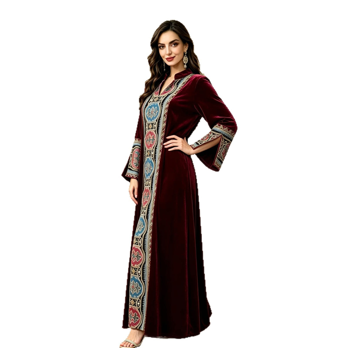 Wine Red Dark Green Black Velvet Embroidered Stand Collar Long Sleeve Gown Maxi Dress Modest Muslim Banquet