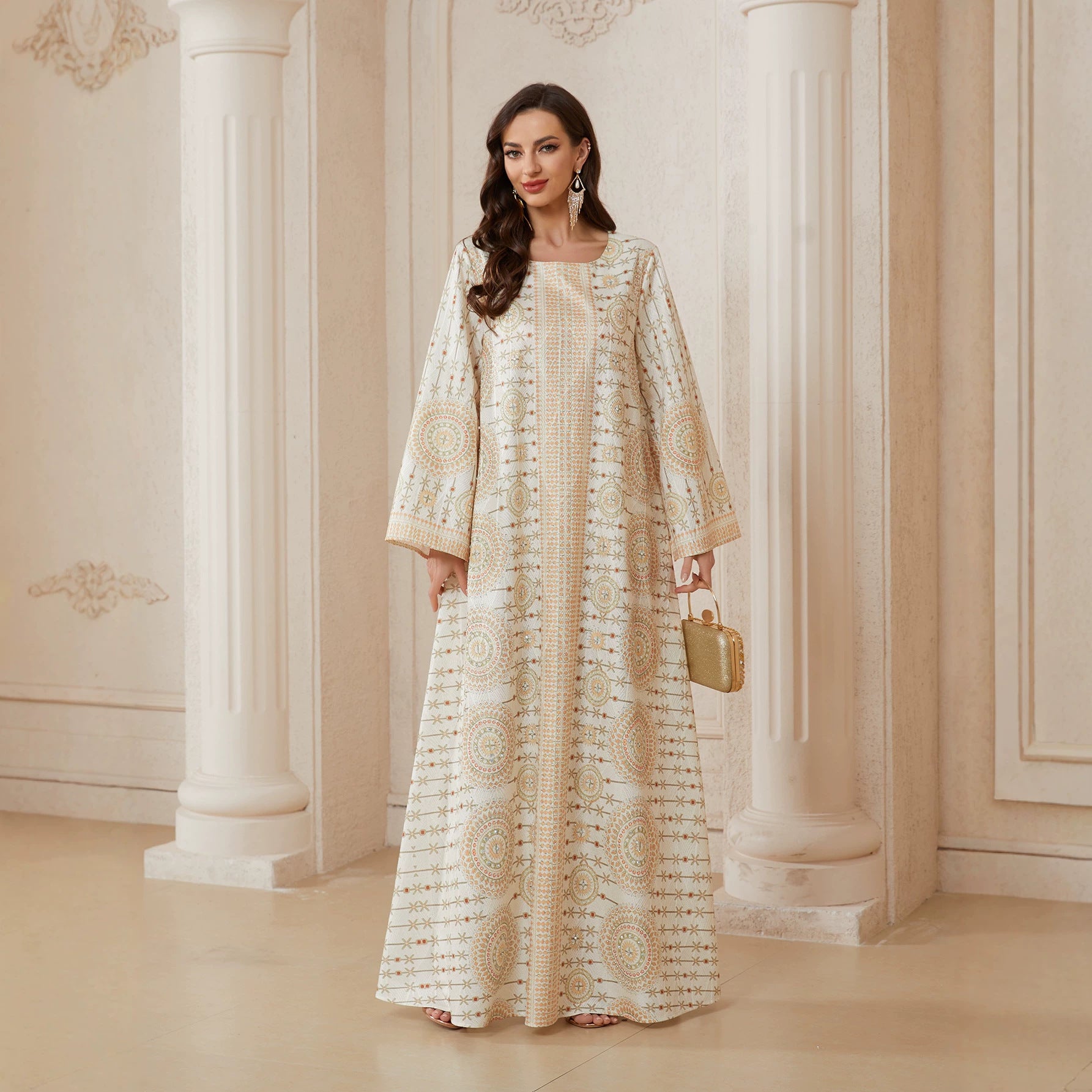 Ivory Nida Fabric Gulf Mandala Geometric Circle Print Round Neck Flowy Wide Sleeve Modest Women Maxi Jalabiya Thobe Full Length Islamic Dress For Ramadan Daily Gulf Wedding Guest Outfit