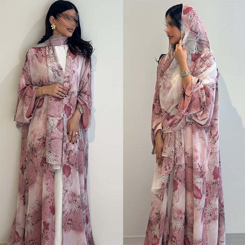Pink Chiffon Floral Print Open Outerwear Maxi Dress with Hijab Two-Piece Set