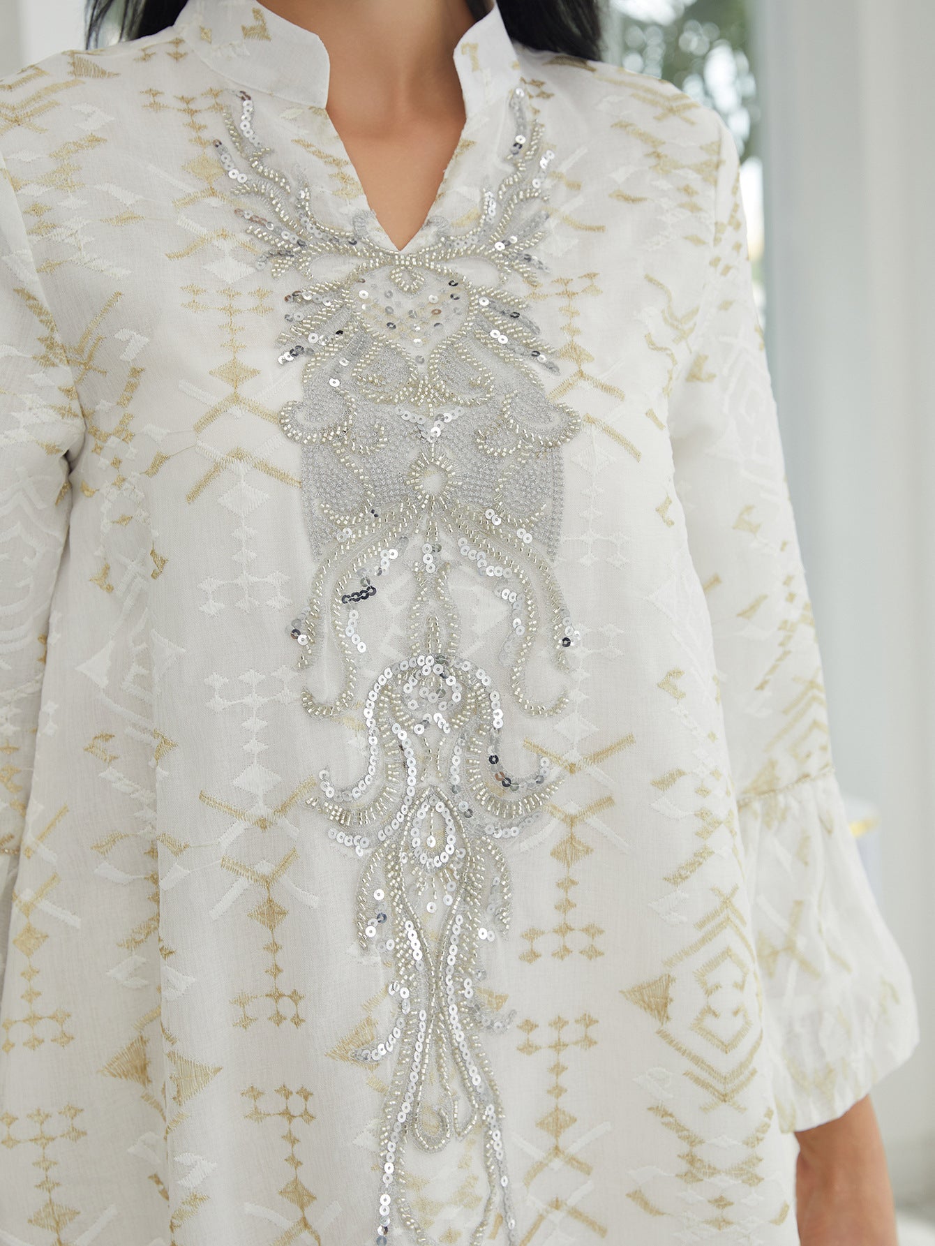 Neutral Ivory Viral Gulf Artisan Slip-On Modest Tunic Lustre Cream Gloss Woven Textile Full Faint Vintage Metallic Geo Embossed Texture Slit Tiny Mandarin Standing Neck Central Front Hand Mounted Oversized Clear Rhinestone Statement Appliqué Layered