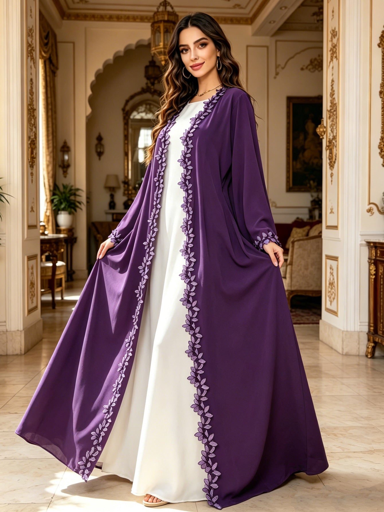 Ribbon Lace Trim Open Front Abaya Cardigan Modest Long Maxi Dress Jalabiya for Muslim Women Eid Ramadan Festive Wear S-XL
