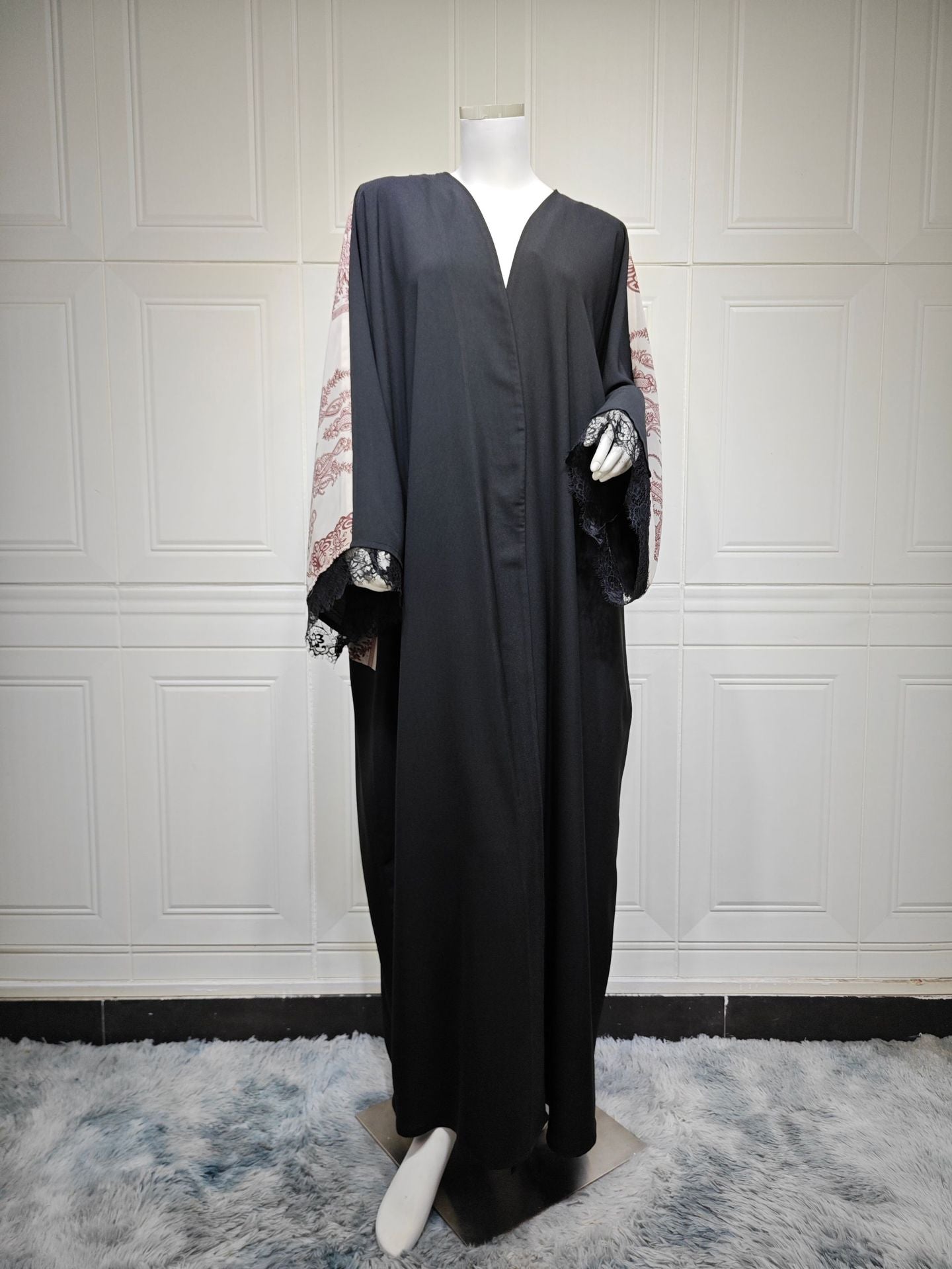 Black Floral Lace Patchwork Ice Silk Crinkle Maxi Cardigan Cape - One Size