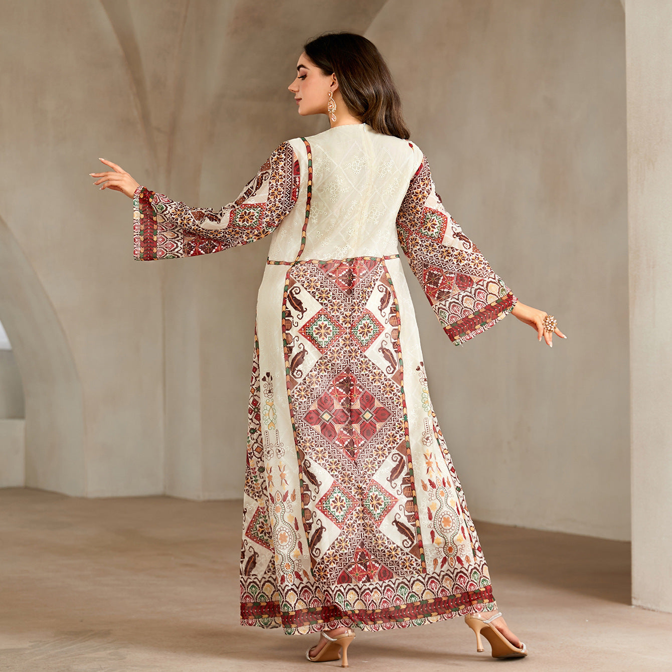 Vintage Ethnic Print Rhinestone Embellished Gown Jalabiya Modest Loose Long Maxi Dress for Muslim Women Eid Ramadan S-XXL