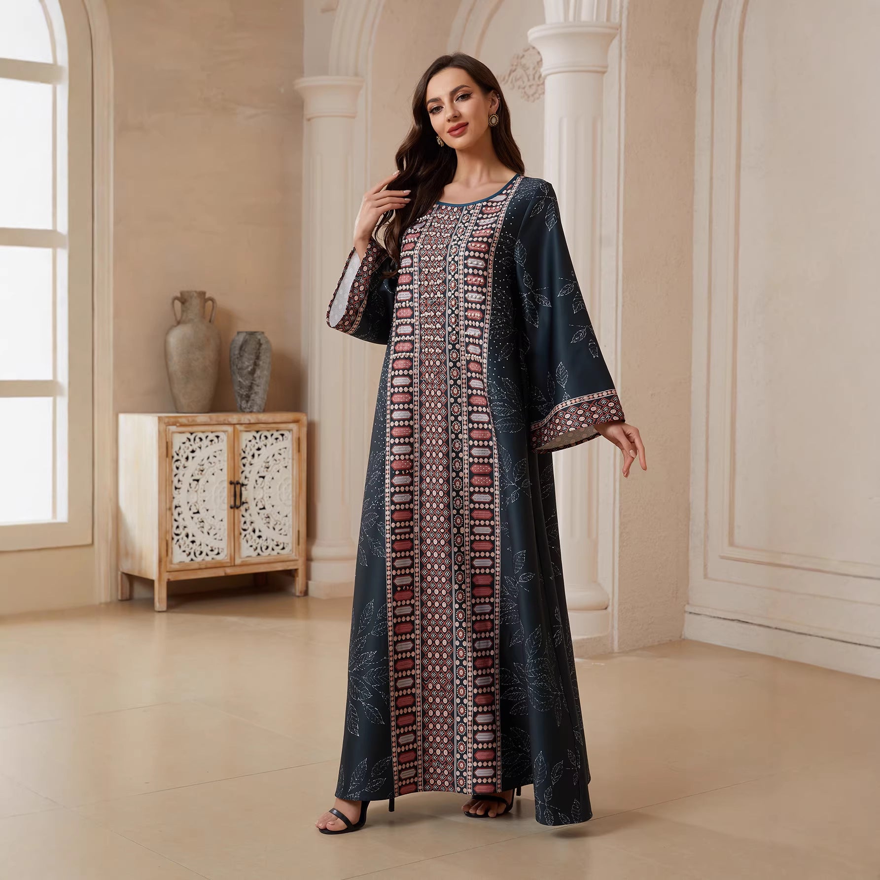 Women Round Neck Vertical Geometric Rhinestone Print Abaya Leaf Pattern Long Sleeve Maxi Jalabiya Dark Navy Matte Crepe Ethnic Modest Gown For Eid Mubarak Ramadan Wedding Evening Party