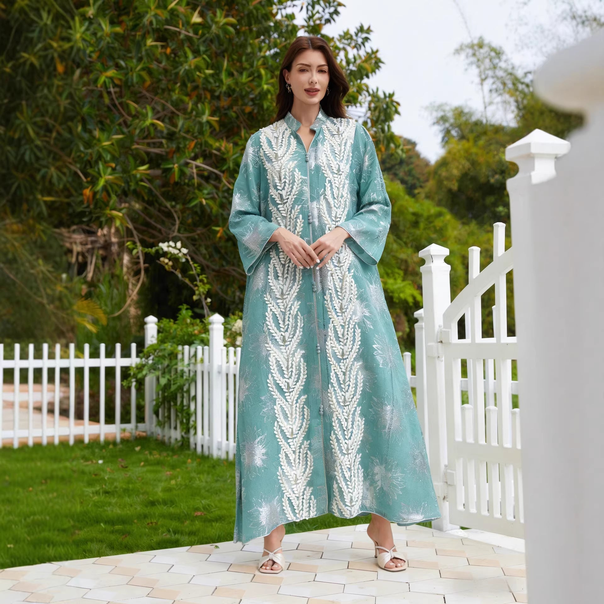 Arabian Gulf Premium Studio Designer Modest Attire Solid Soft Apricot Lightweight Sheer Organza All Over Muted Antique Botanical Motif Mini Stand Neck Handcrafted Oversized 3D Gold Cream Sequin Front Appliqué Loose Flowy Long Sleeves Unfitted Full Le
