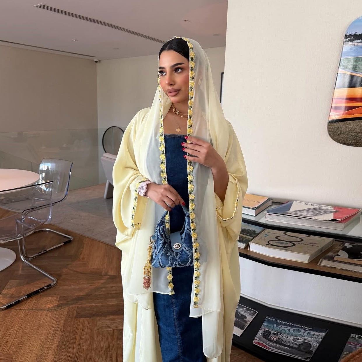 White and Yellow Floral Print Maxi Dress with Hijab Two-Piece Set