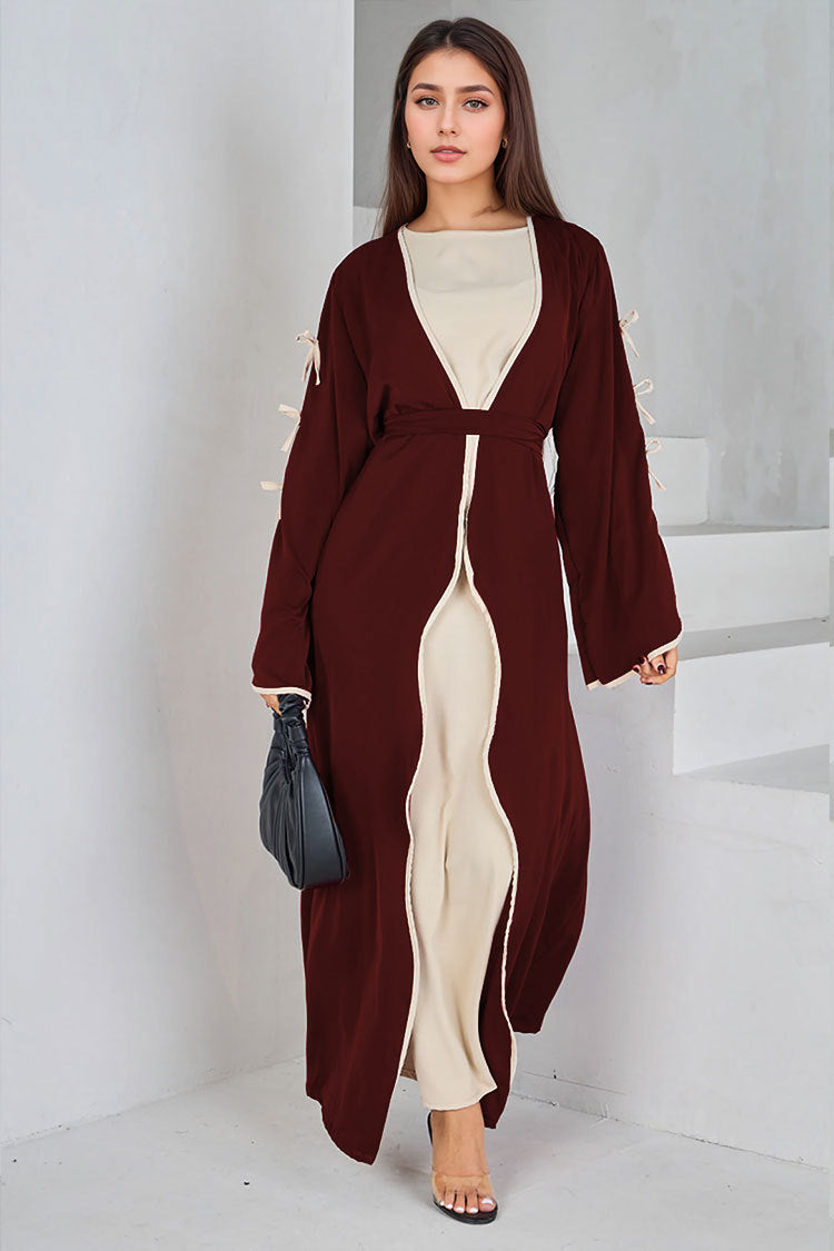 Wine Red Trim Long Open Cardigan Maxi Abaya with Belted Sleeves