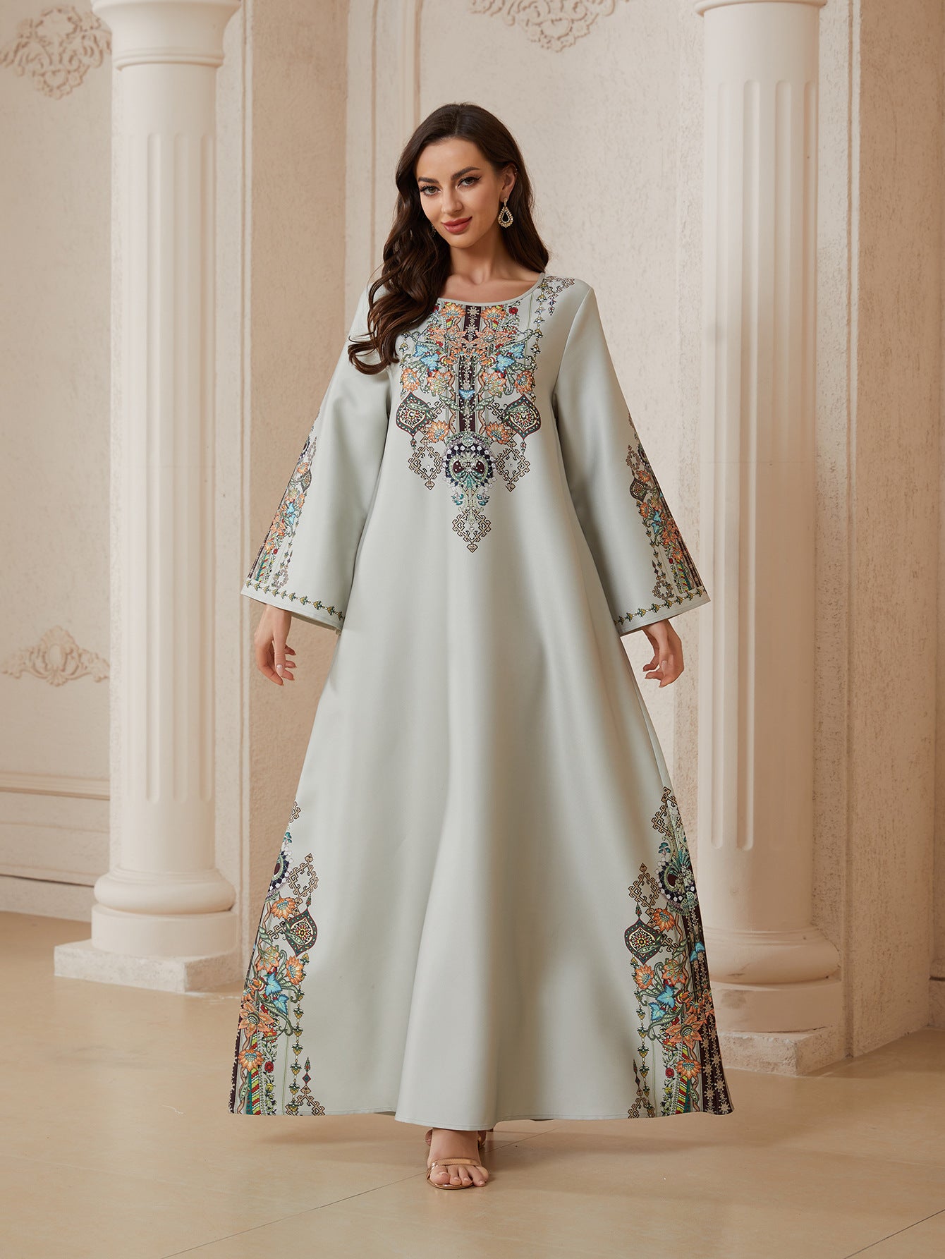 Pastel Light Grey Matte Crepe Long Kaftan Robe For Ladies Round Neck Long Sleeve With Symmetric Multi-Color Floral Embroidery Full Length Formal Modest Outfit