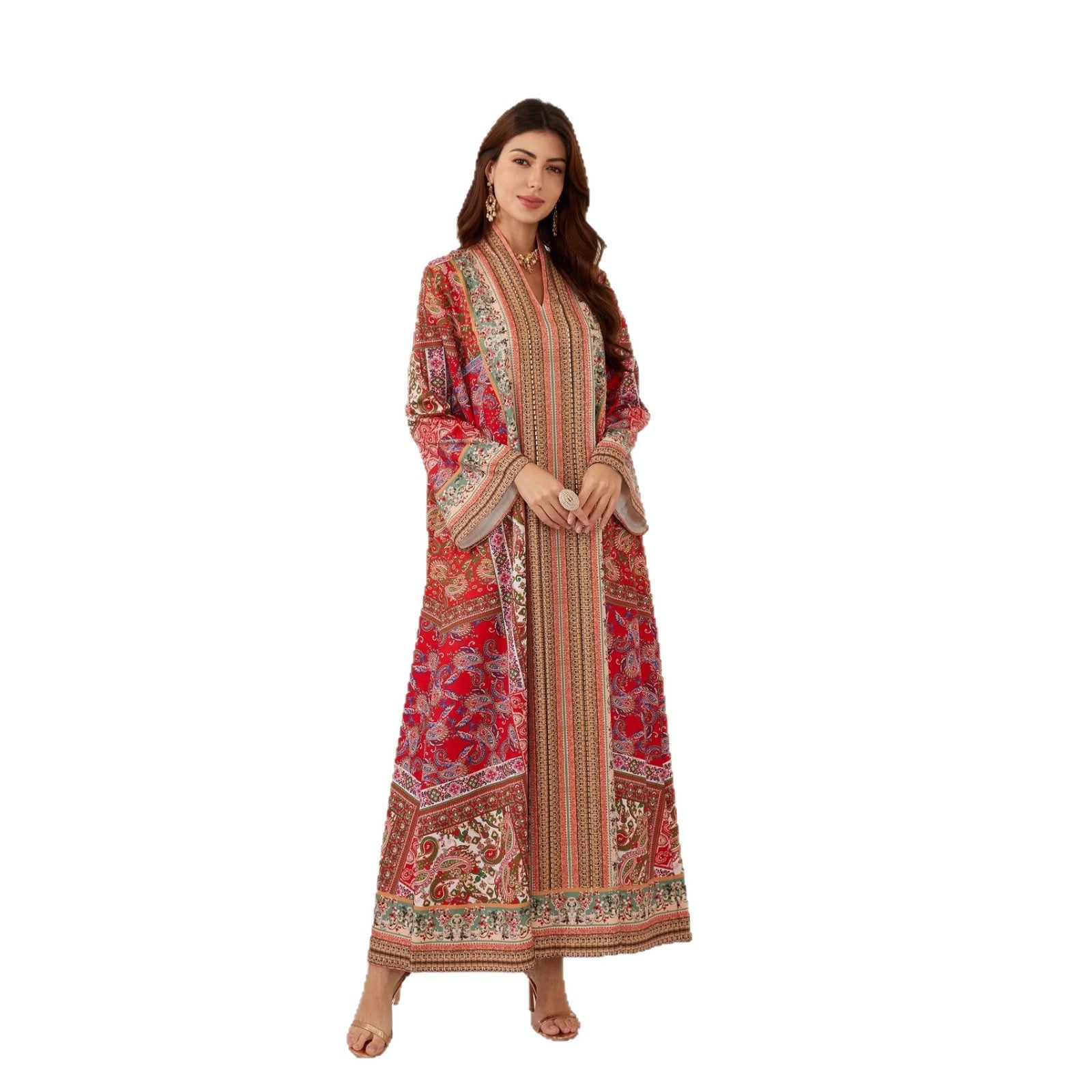 Graceful Red Boho Abaya – Printed Muslim Maxi Dress for Eid