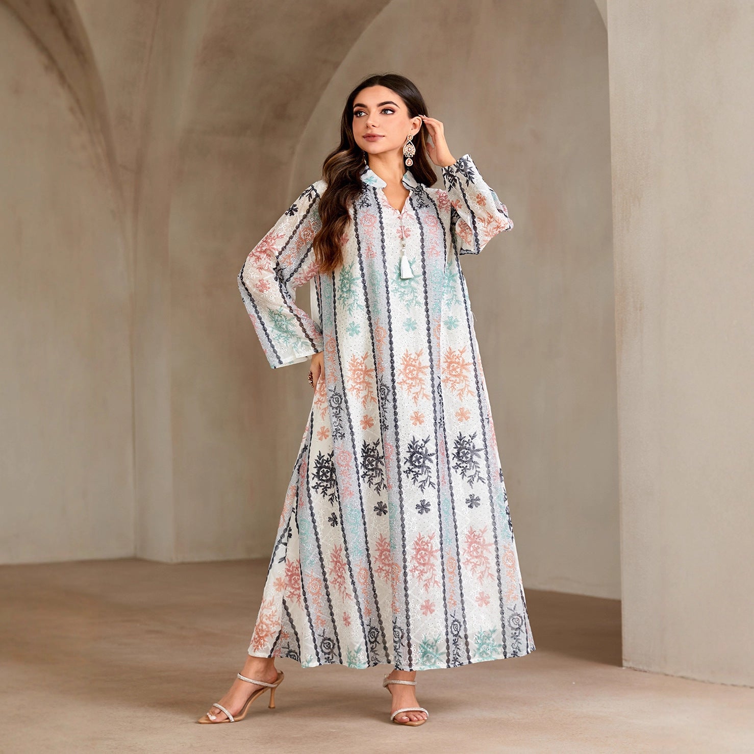 Luxury Floral Print Rhinestone Embellished Gown Jalabiya Modest Long Maxi Dress for Muslim Women Eid Ramadan S-XXL