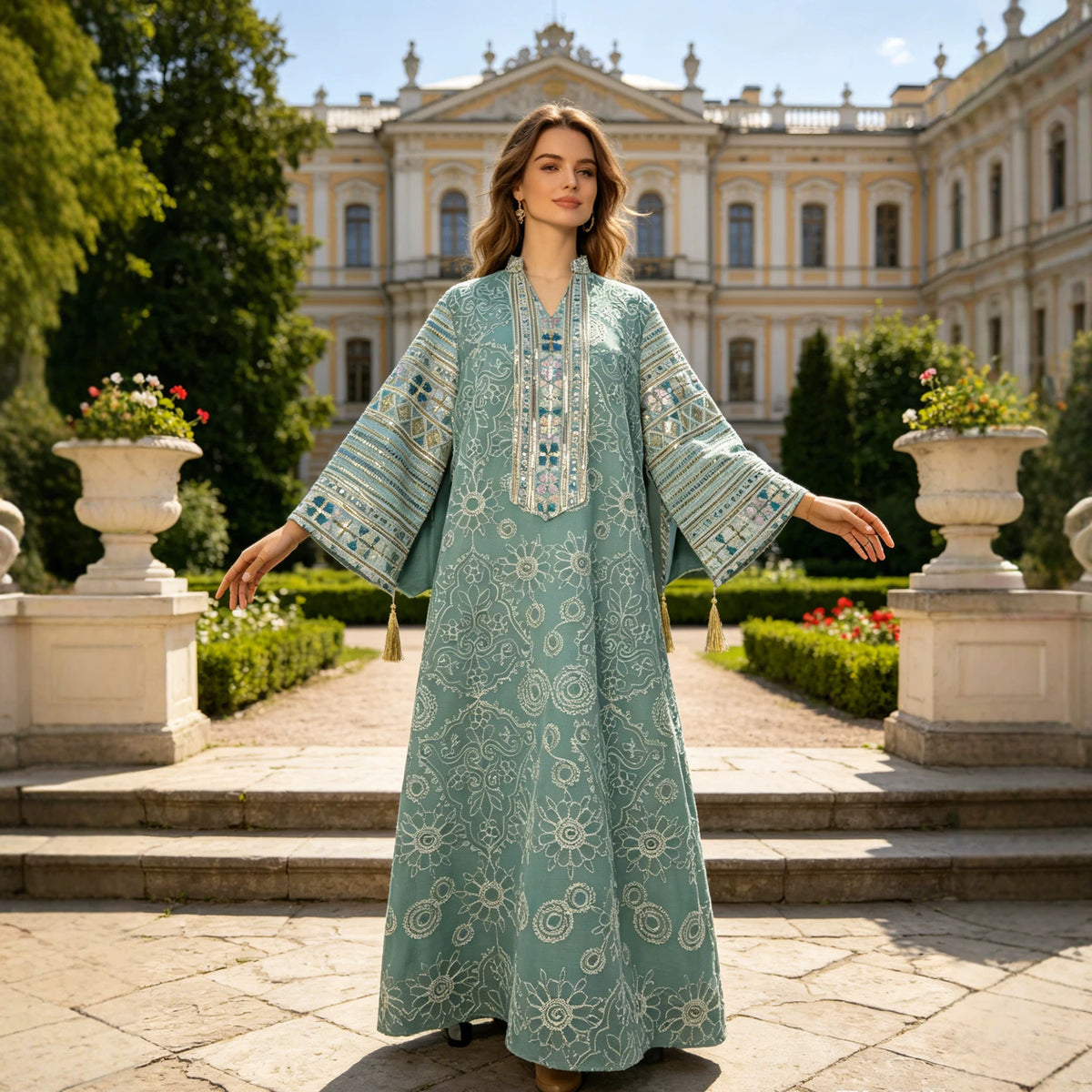 Luxury Wide Sleeve Tassel Embroidered Kaftan Abaya Modest Maxi Gown for Muslim Women Festive Evening Party Robe S-XXL - 178
