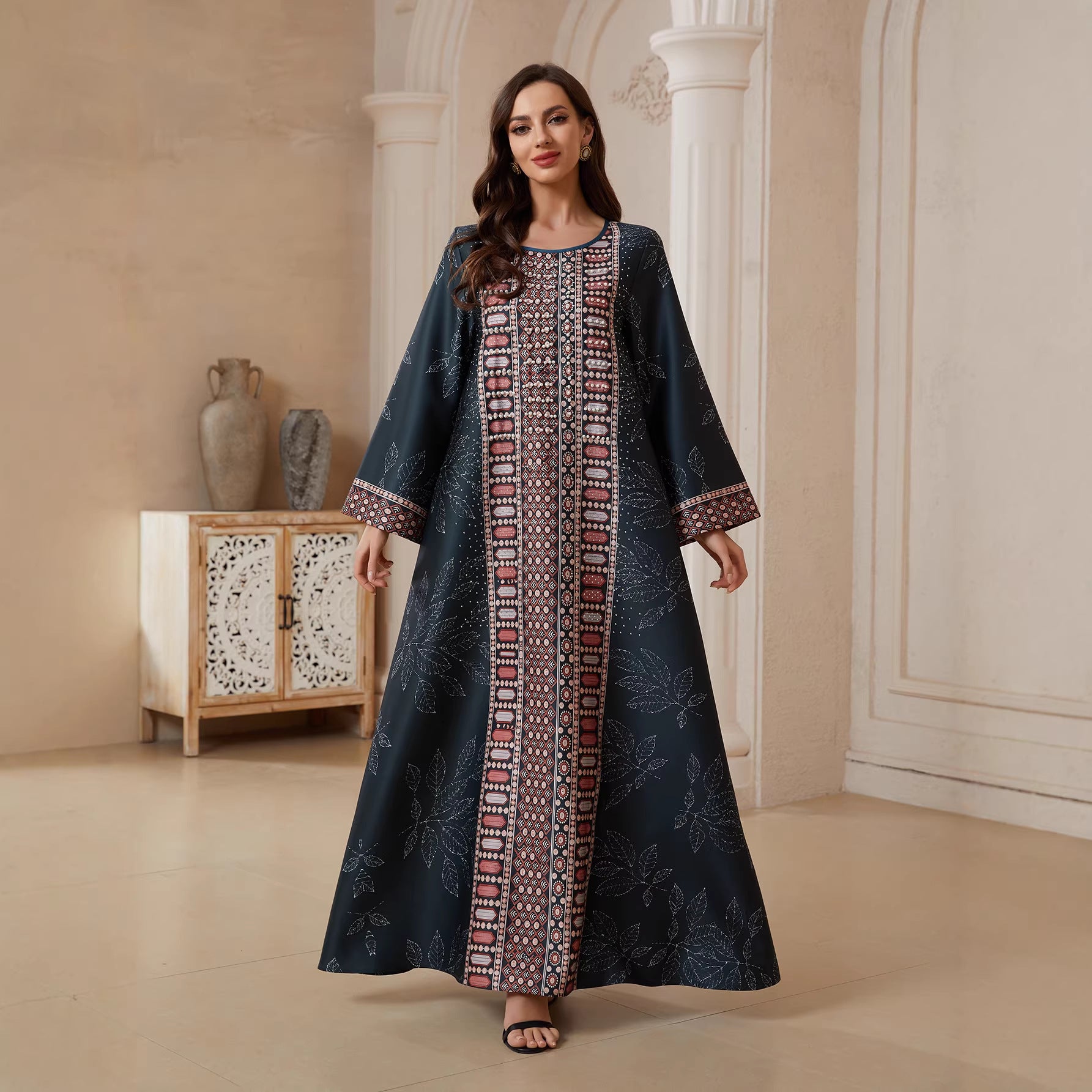 Women Round Neck Vertical Geometric Rhinestone Print Abaya Leaf Pattern Long Sleeve Maxi Jalabiya Dark Navy Matte Crepe Ethnic Modest Gown For Eid Mubarak Ramadan Wedding Evening Party