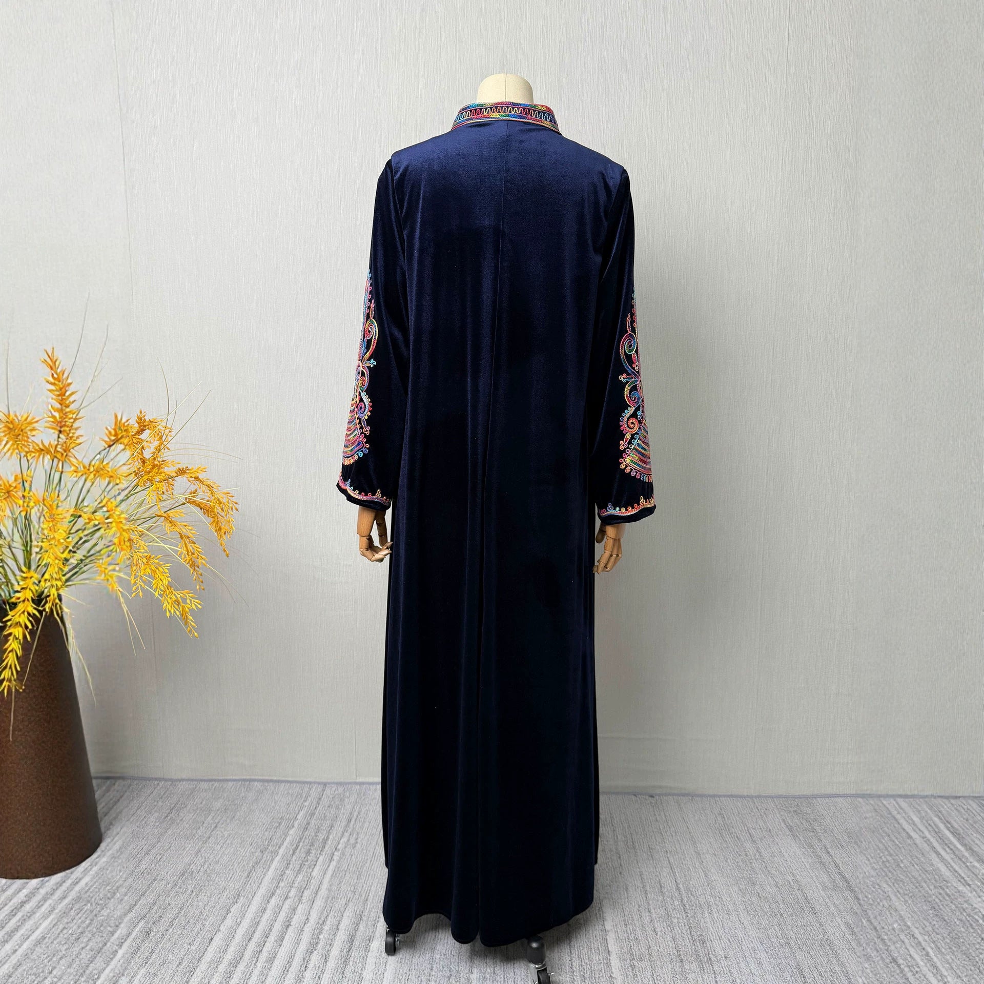 Navy and Wine Red Rhinestone Applique Stand Collar Maxi Abaya Dress Jalabiya Modest Long Dress for Muslim Women Eid Ramadan Formal S-XXL