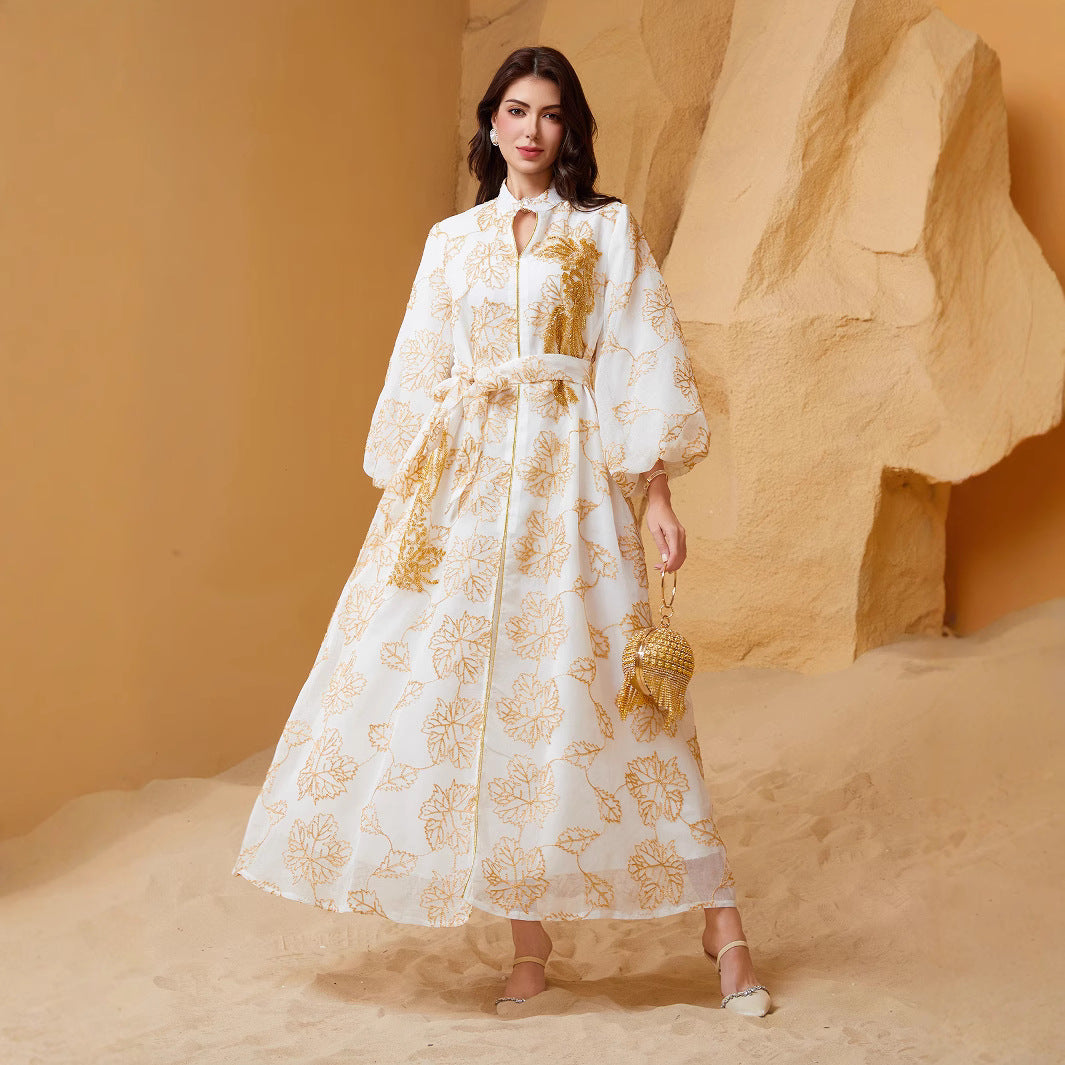 Viral Instagram UAE Dubai Stand Collar Abaya Off White All Over Golden Leaf Jacquard Print Hollow Placket Vertical Golden Tassel Sequins Embroidery Puff Bubble Long Sleeve Floor Length Plus Size GCC Women Modest Maxi Robe For Saudi Ramadan Tarawih OO