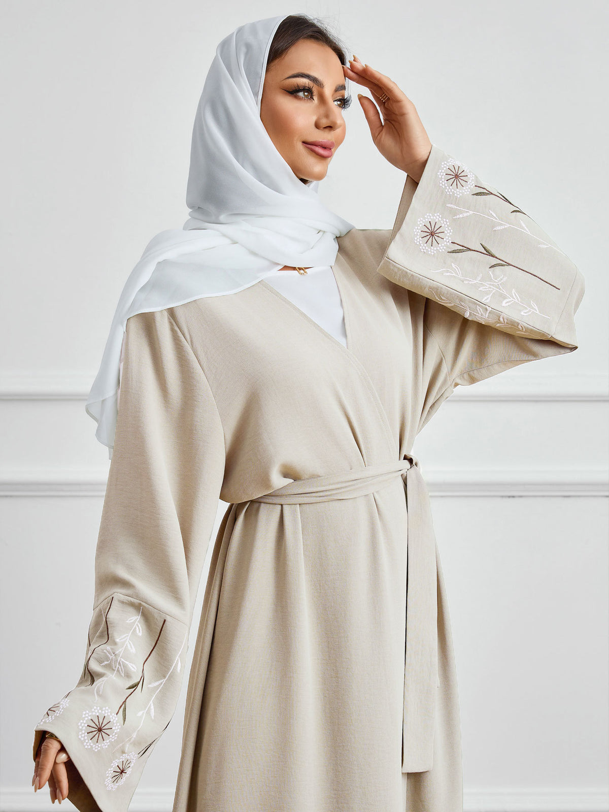 Elegant Floral Embroidered Sleeve Open Front Abaya Cardigan with Tie Belt Modest Long Maxi Robe for Muslim Women Eid Ramadan