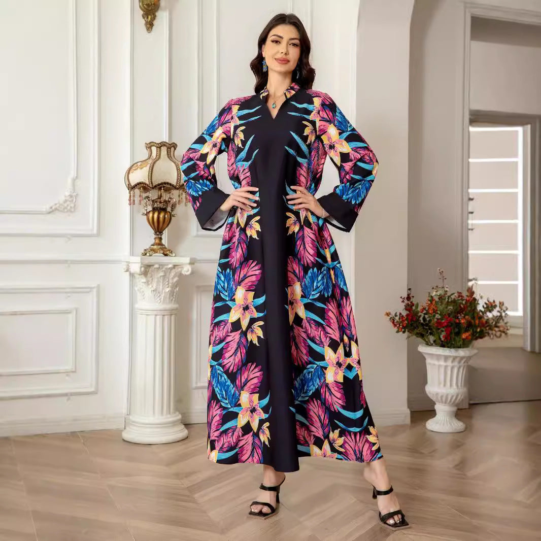 Black Floral Print Modest Abaya Dress - Long Sleeve Everyday Robe