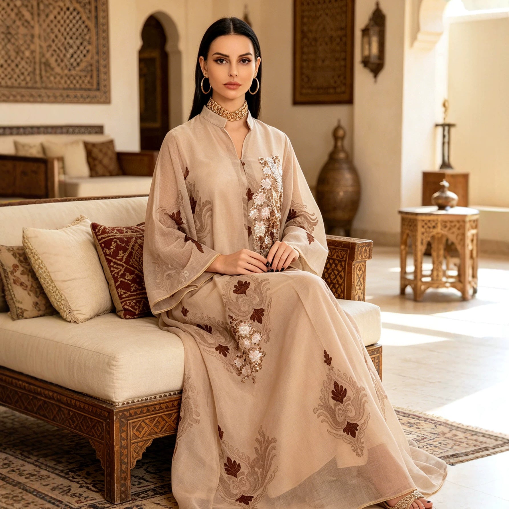 Sequin Leaf Embroidered Cardigan Abaya Dress Open Front Long Robe Modest Maxi Dress for Muslim Women Eid Ramadan S-XXL