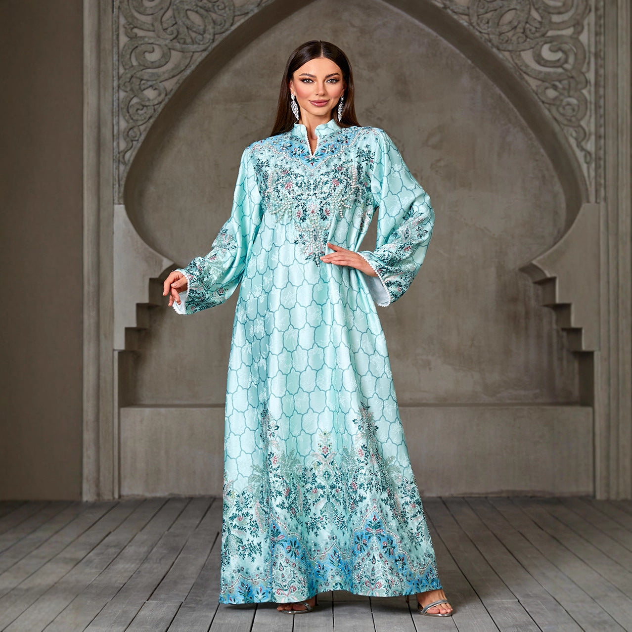 Jacquard Beaded Rhinestone Engineered Print Gown Jalabiya Modest Long Maxi Dress for Muslim Women Eid Ramadan S-XXL