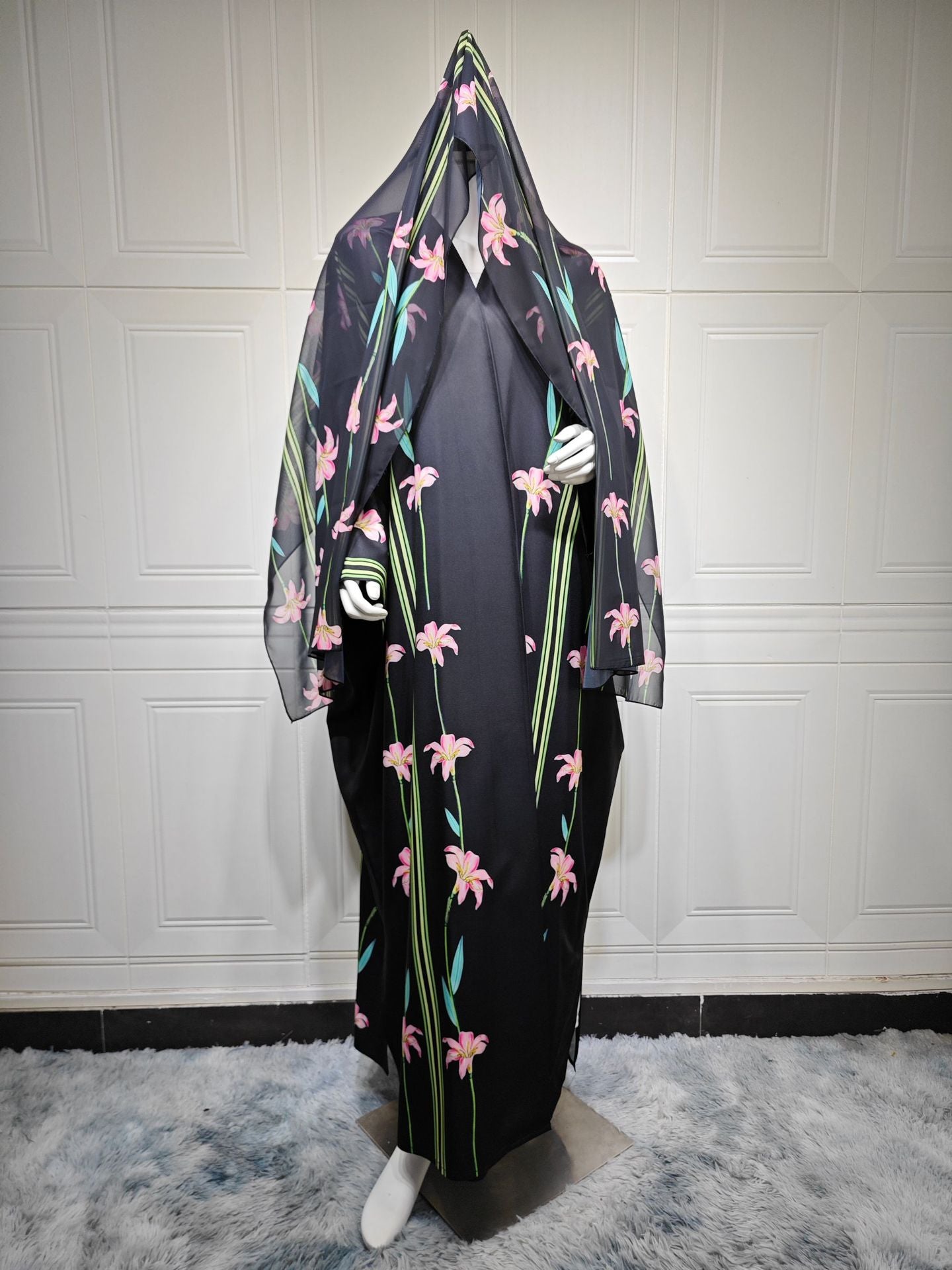 Black Floral Print Open Outerwear Maxi Dress with Hijab Two-Piece Set
