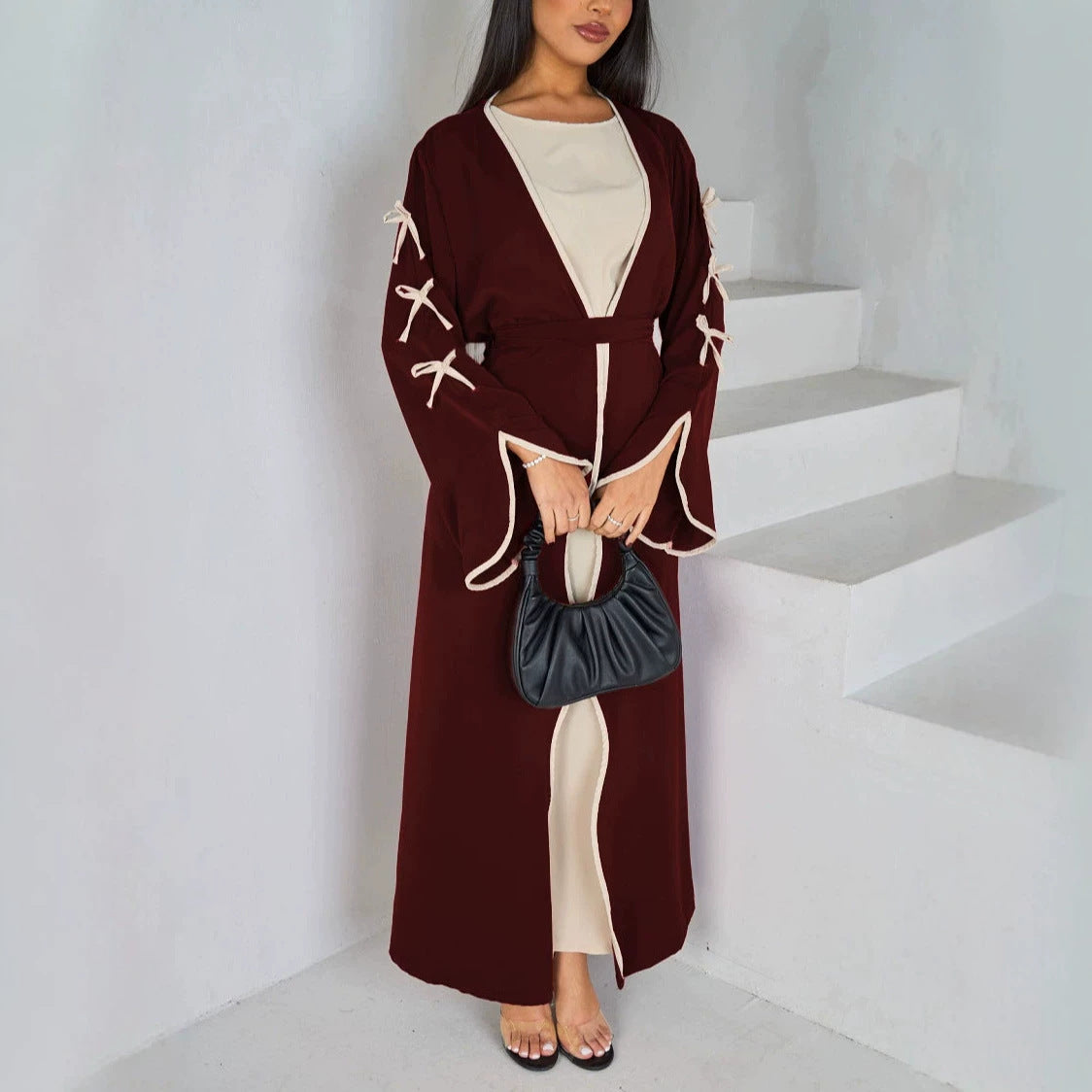 Wine Red Trim Long Open Cardigan Maxi Abaya with Belted Sleeves