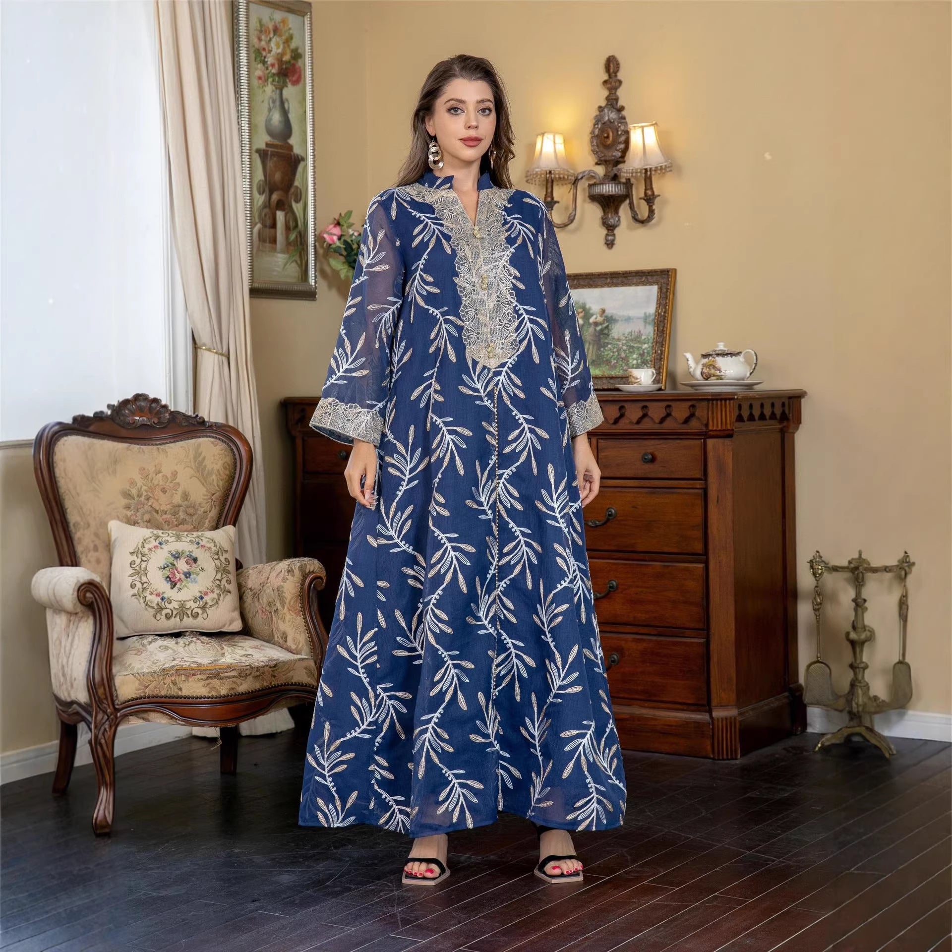 Solid Tone Premium Viral Hijaz Handcrafted Pull-On Modest Tunic Smooth Matte Solid Plain Woven Single Layer Fabric Front Oversized Vibrant Multi-Colored Raised Floral Thread Embellishment Classic Crew Round Standing Neck Oversized Soft Drooping Wide