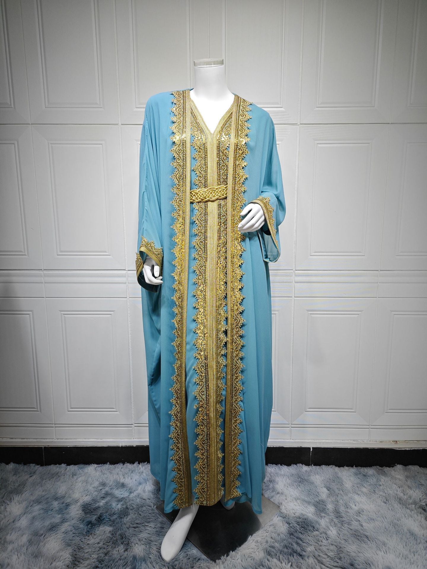 Sky Blue Navy and Rose Red Beaded Open Cardigan Maxi Dress Set with Vest