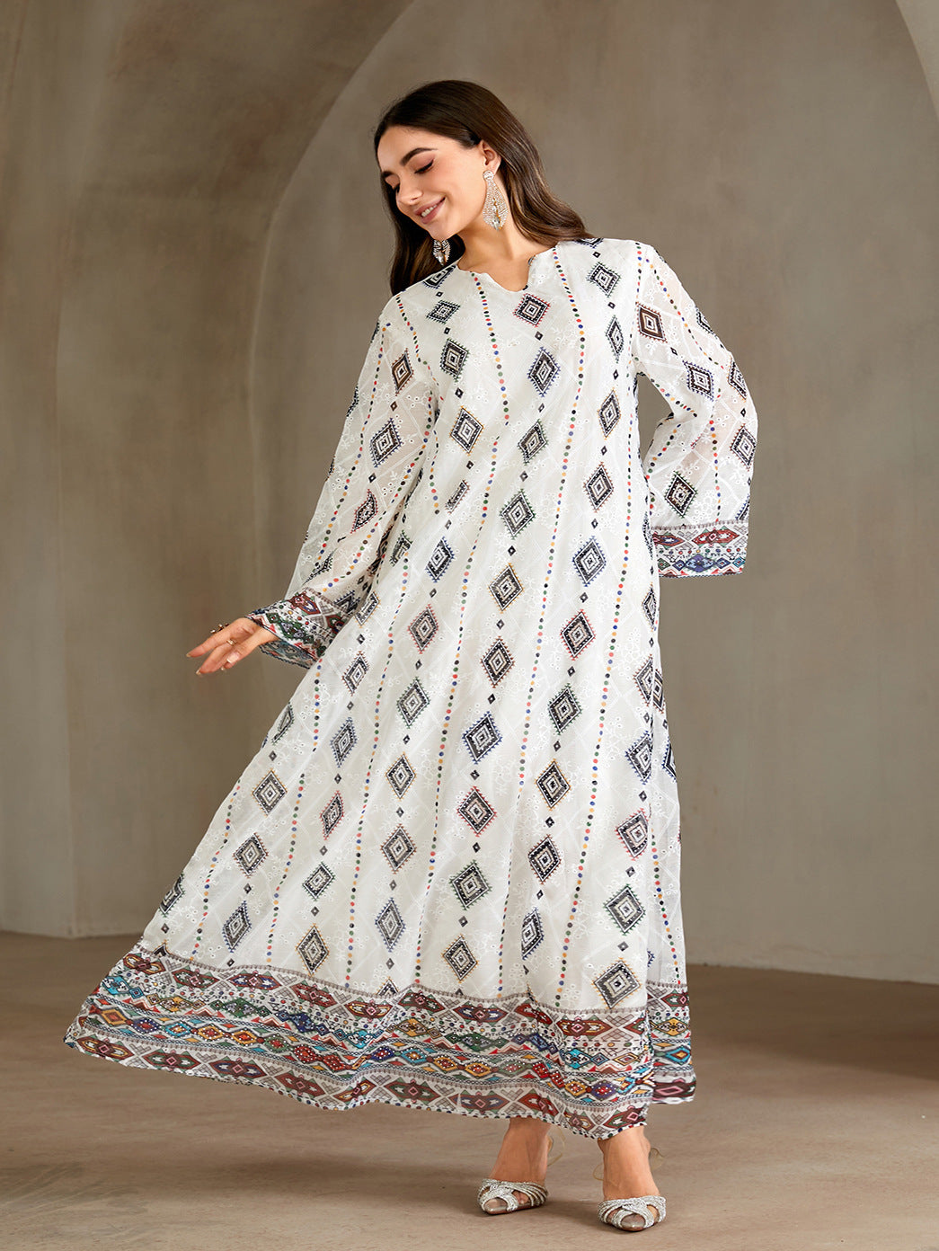 Embroidered Geometric Diamond Print V-Neck Gown Jalabiya Modest Loose Maxi Dress for Muslim Women Eid Ramadan S-XXL