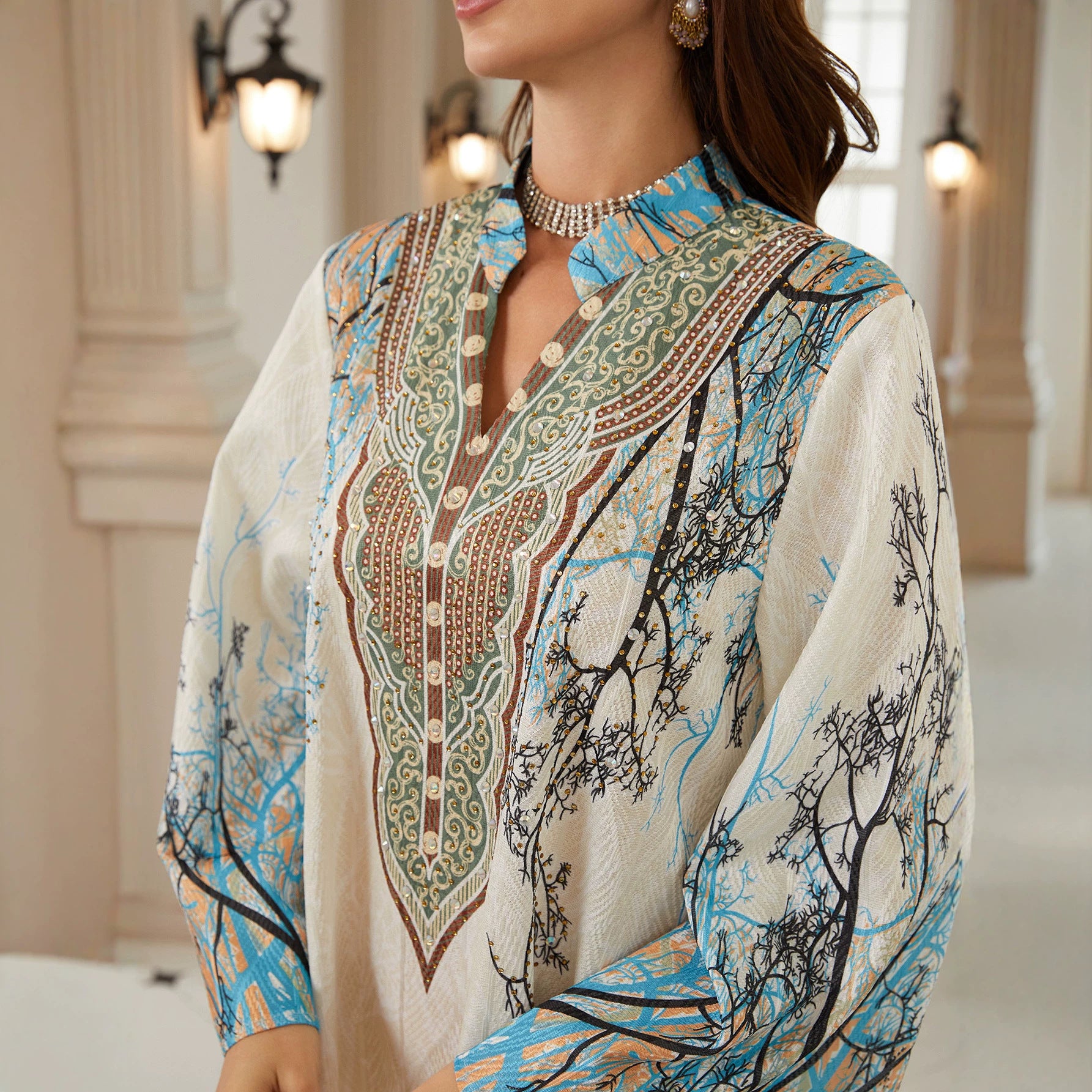 White Base Blue Tree Branch Print Stand Collar Abaya Long Flare Sleeve V Neck Decorative Embroidery Modest Muslim Women Full Length Kaftan Dress For Daily Ramadan Party