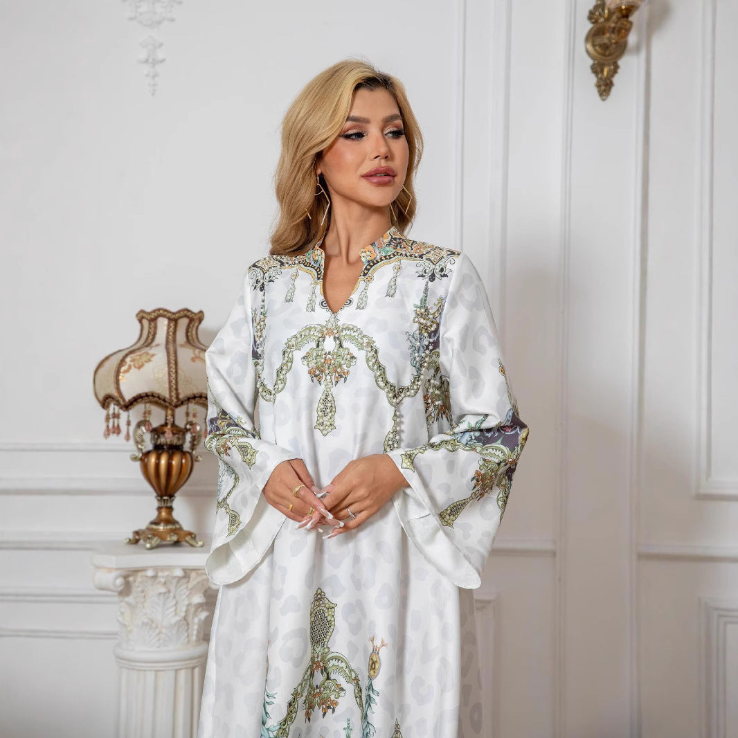 White Printed Beaded Maxi Dress - Modest Muslim Gown for Women