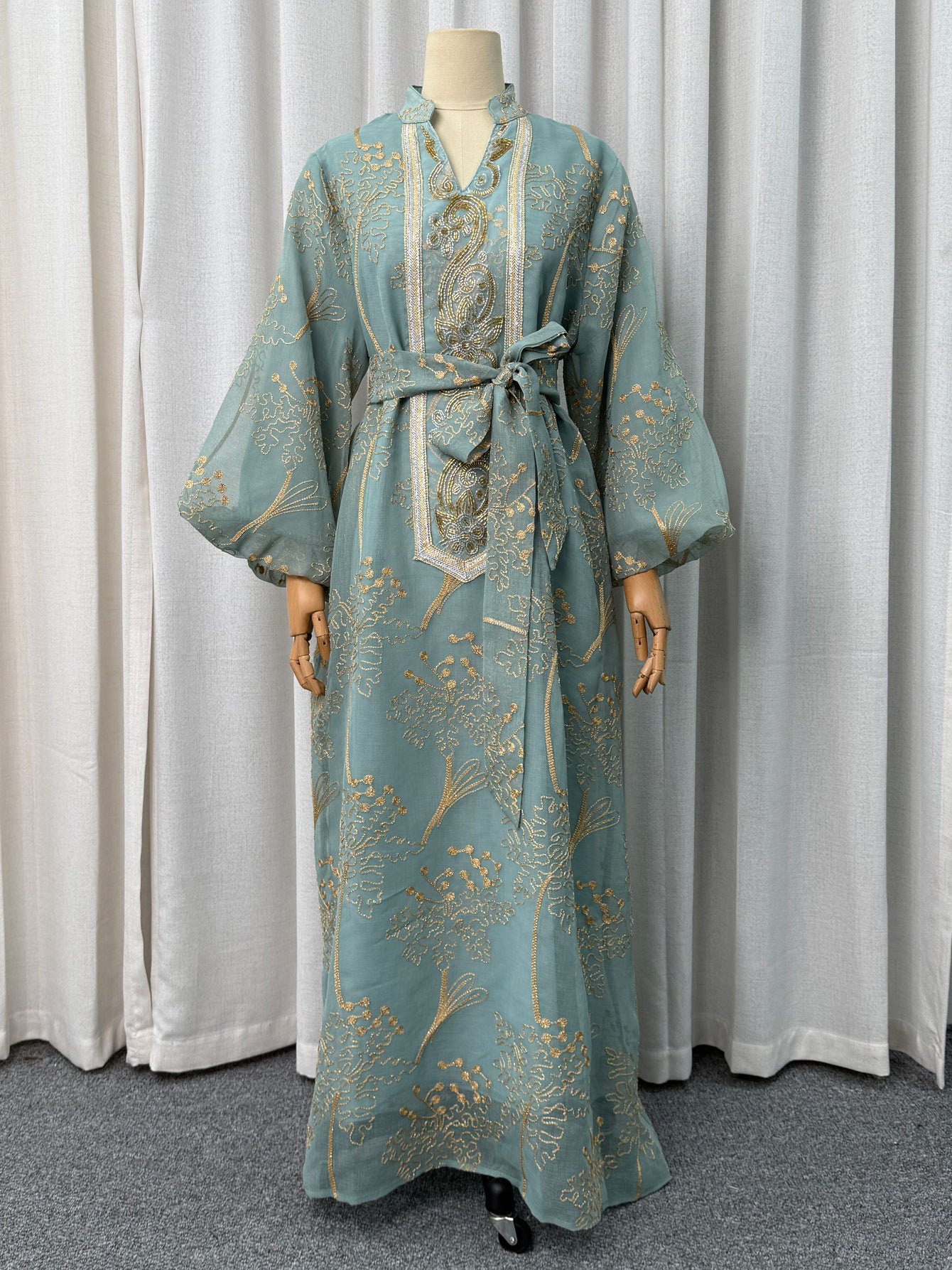 Luxury Gold Embroidered High Neck Abaya Dress Lantern Sleeve Belted Kaftan Modest Long Maxi Evening Gown Eid Ramadan S-XXL