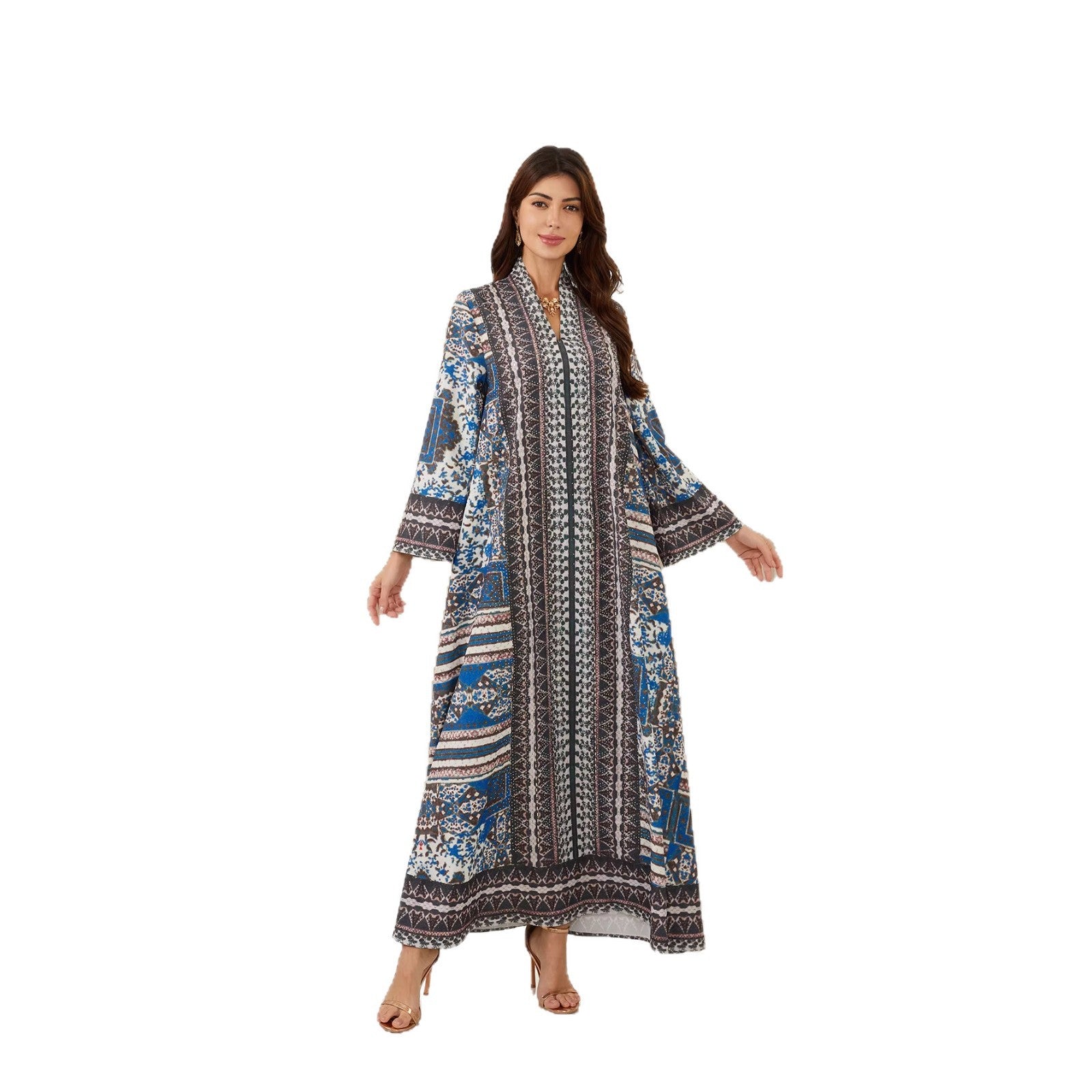 Stylish Grey Long-Sleeve Kaftan – Rhinestone Modest Maxi Dress