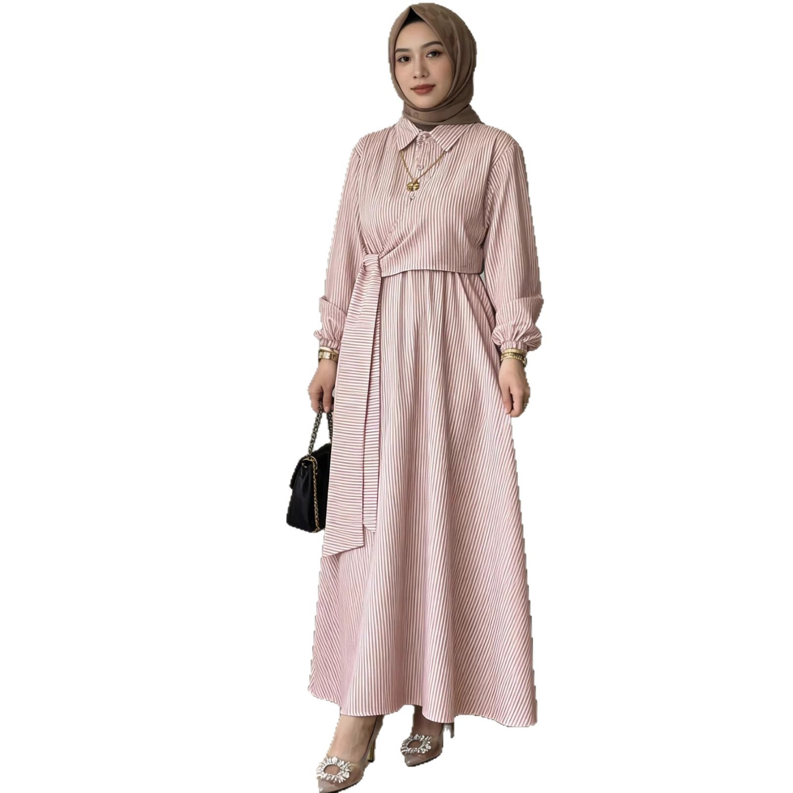 Striped Belted Button-Down Shirt Collar Faux Two-Piece Modest Maxi Dress Muslim Women Abaya Jalabiya Kaftan for Eid