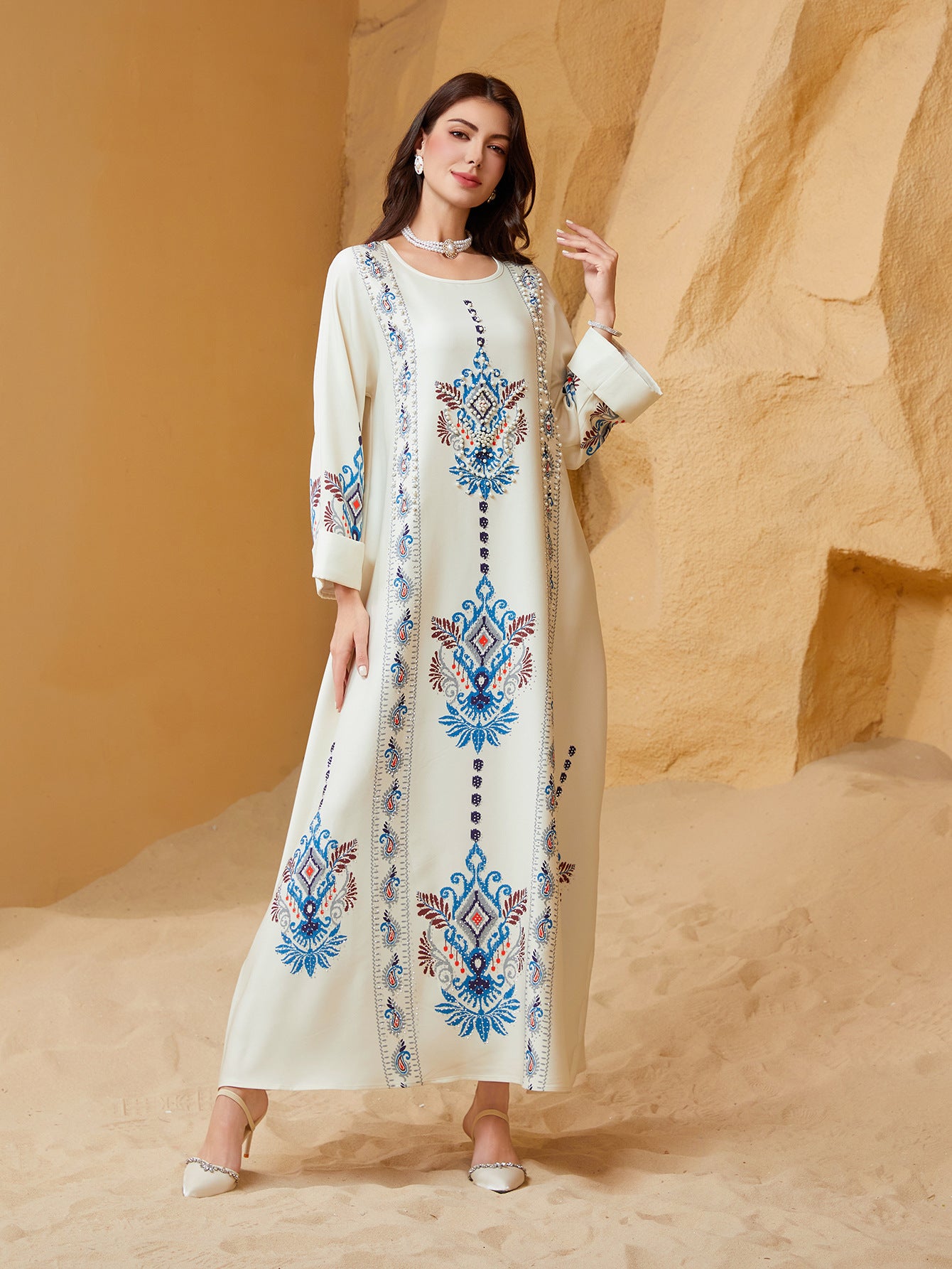 Ivory Printed Abaya Robe - Ethnic Style Modest Long Dress