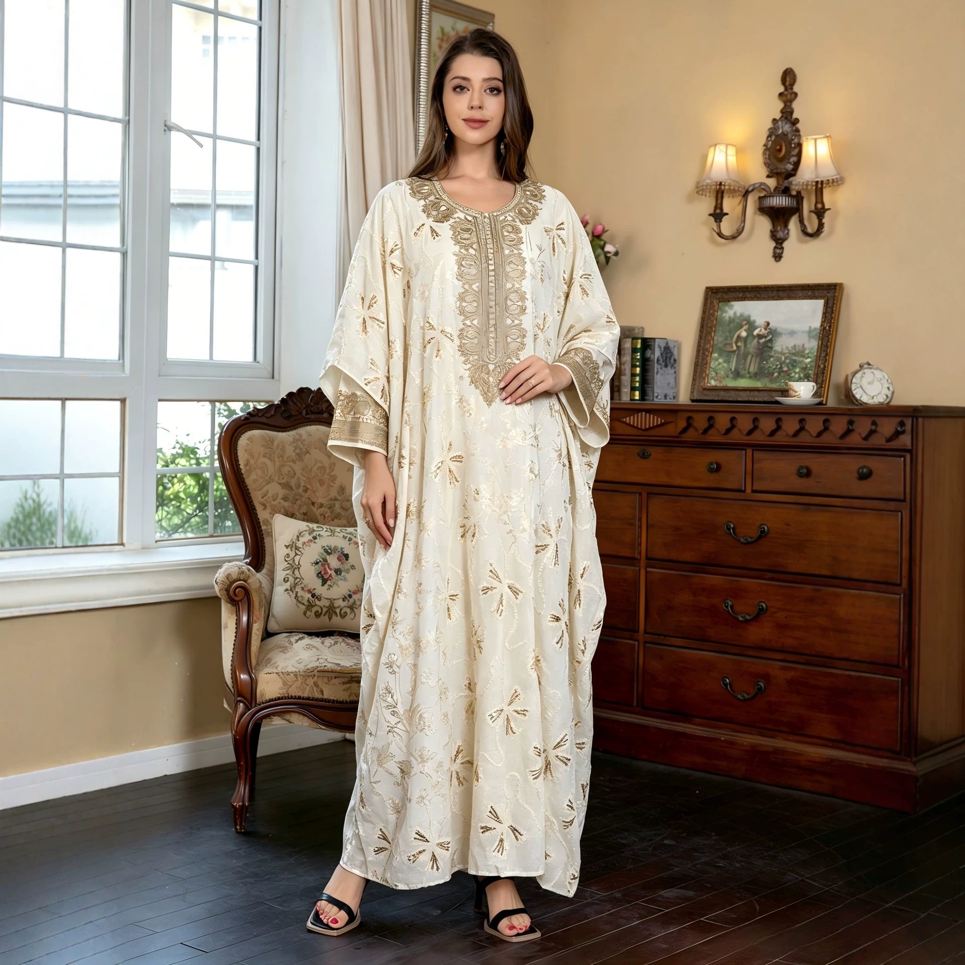 Off White Embroidered Two-Piece Cardigan Vest Set Evening Gown Jalabiya Modest Long Maxi Dress for Muslim Women Eid Ramadan