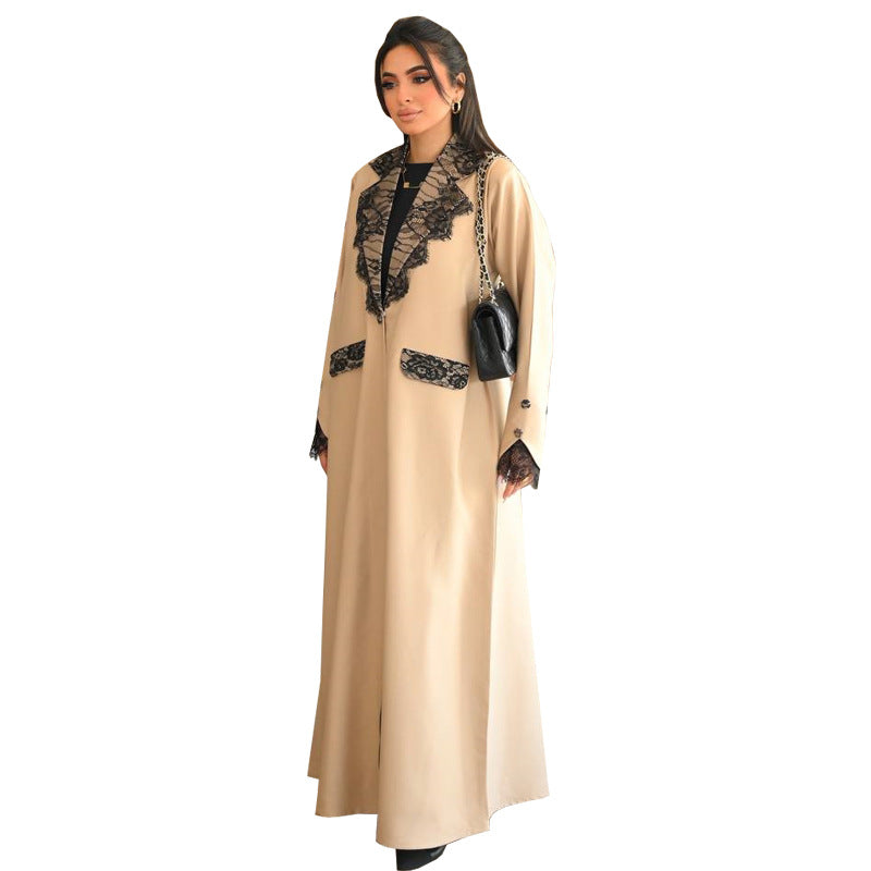 Apricot Lace Trim Open Front Long Sleeve Maxi Abaya Cardigan - Plus Size