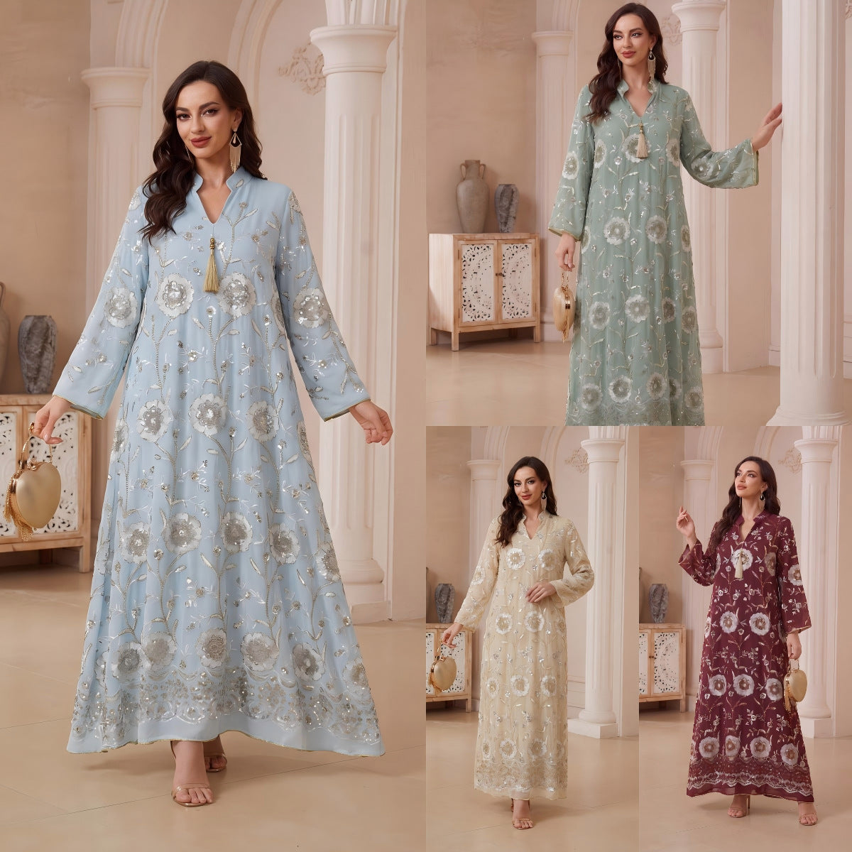 Ivory Wine Light Blue Light Green V-Neck Embroidered Maxi Abaya
