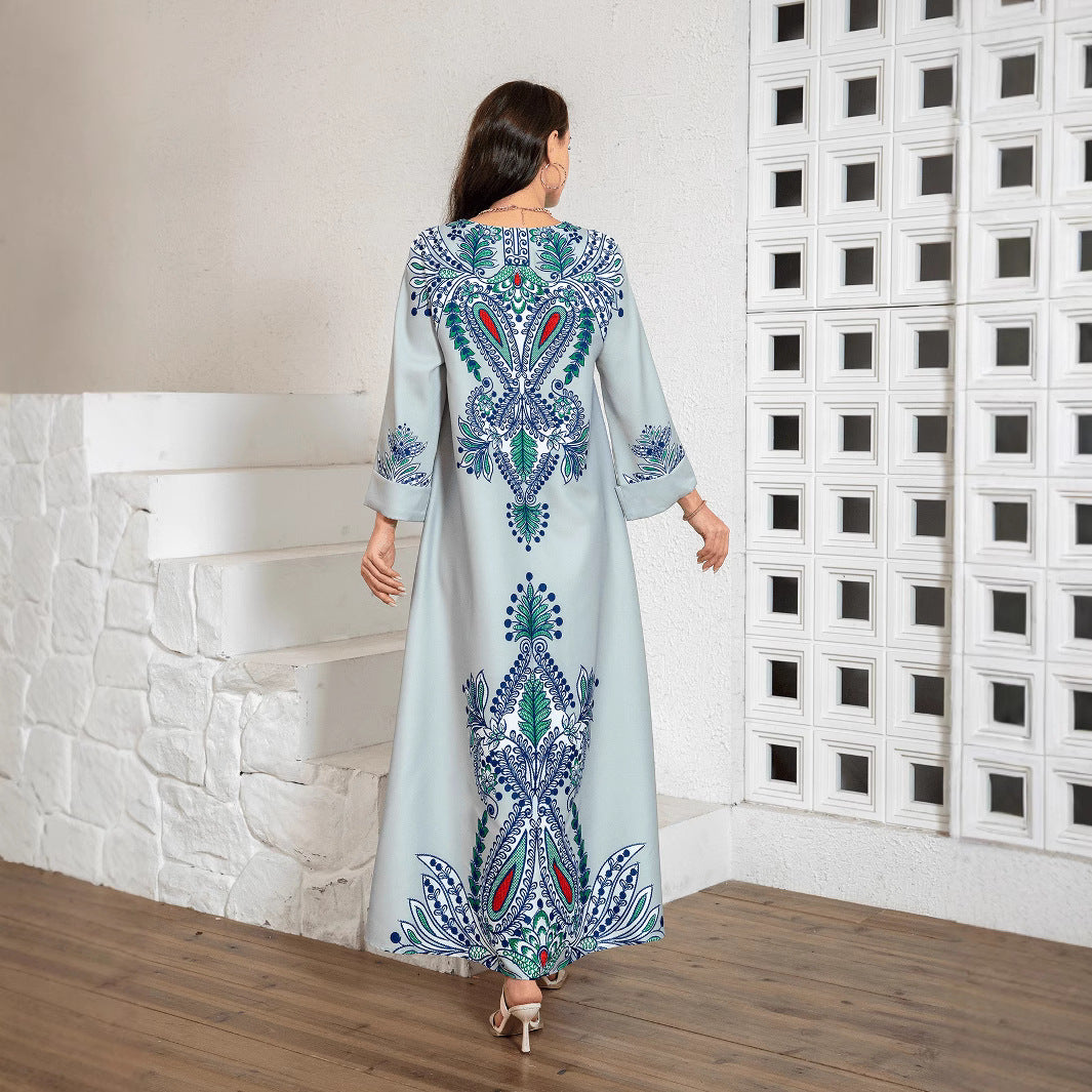 Light Blue Floral Print Rhinestone Embroidered Maxi Abaya Dress