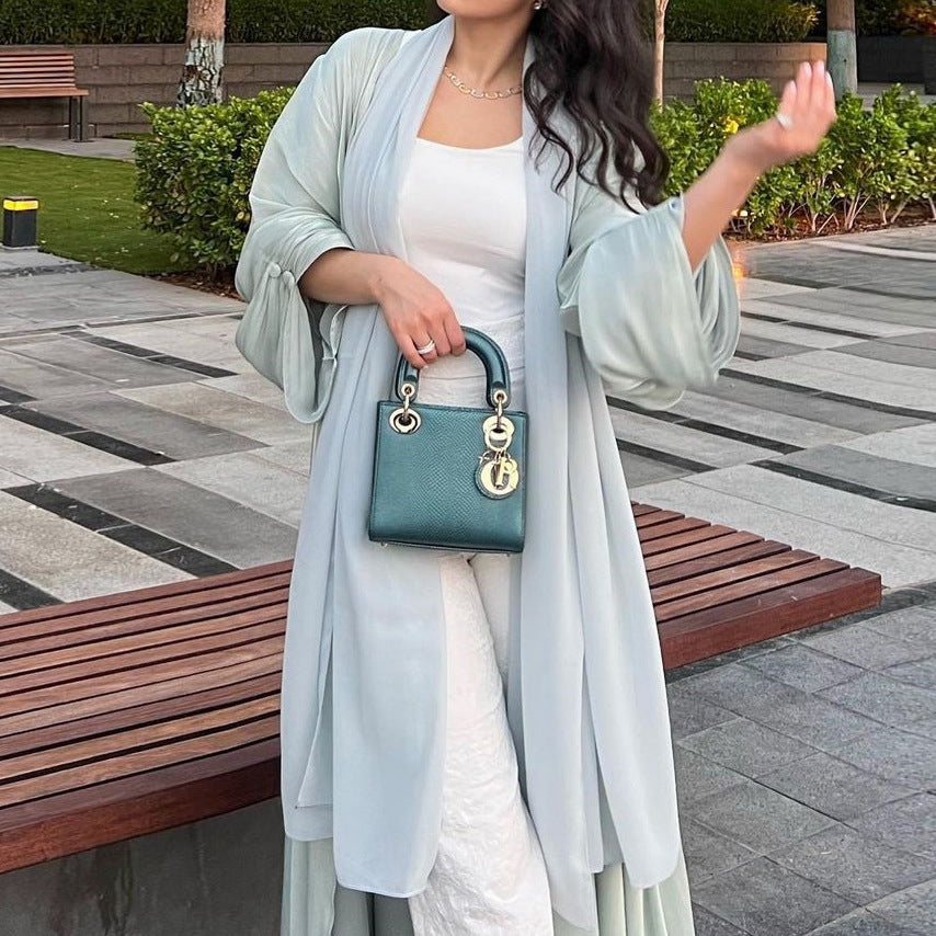 Elegant Button Cuff Open Cardigan Gown Modest Maxi Dress Abaya Jalabiya for Muslim Women Eid Ramadan Party One Size