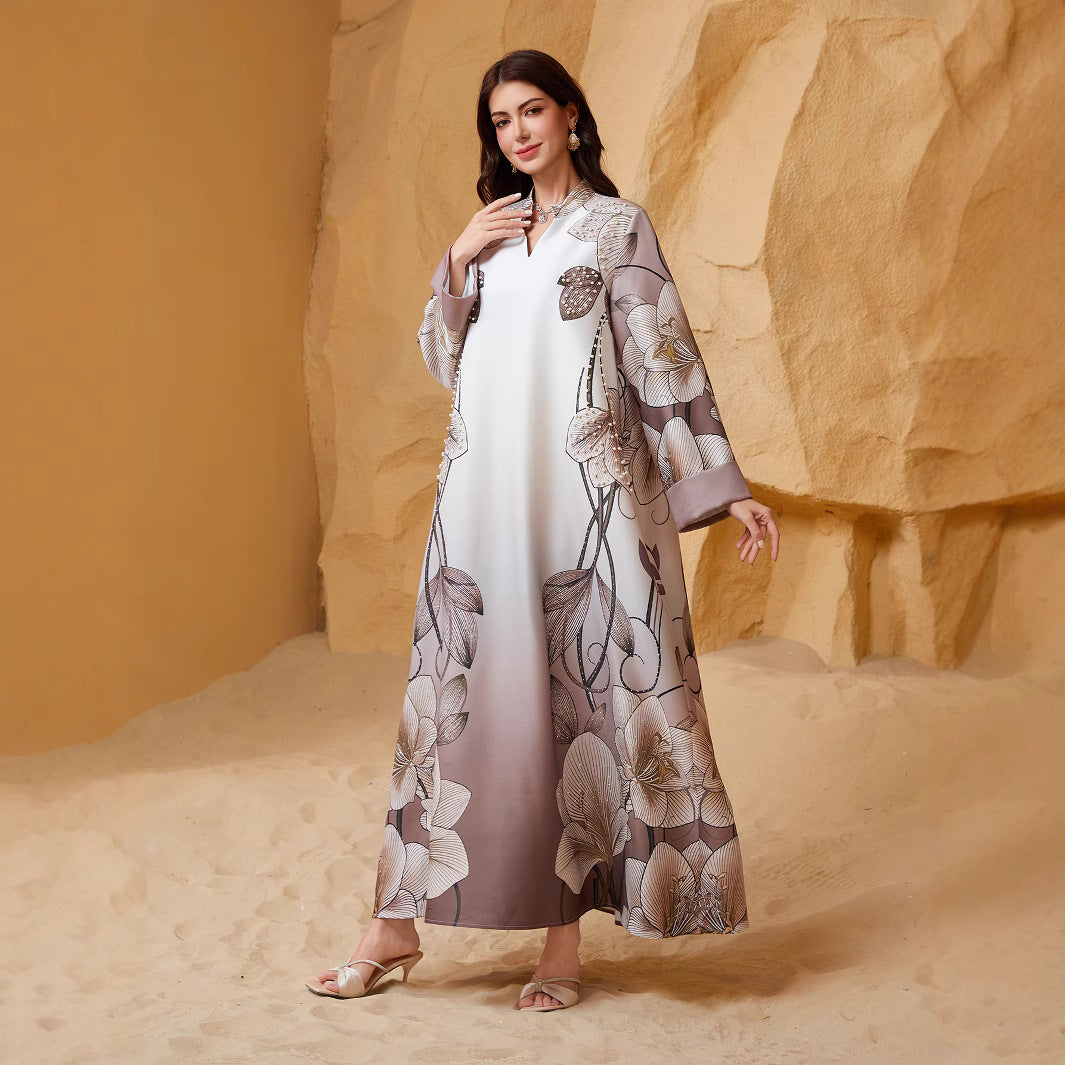 Coffee Reversed Sleeve Rhinestone Beaded V-Neck Maxi Dress
