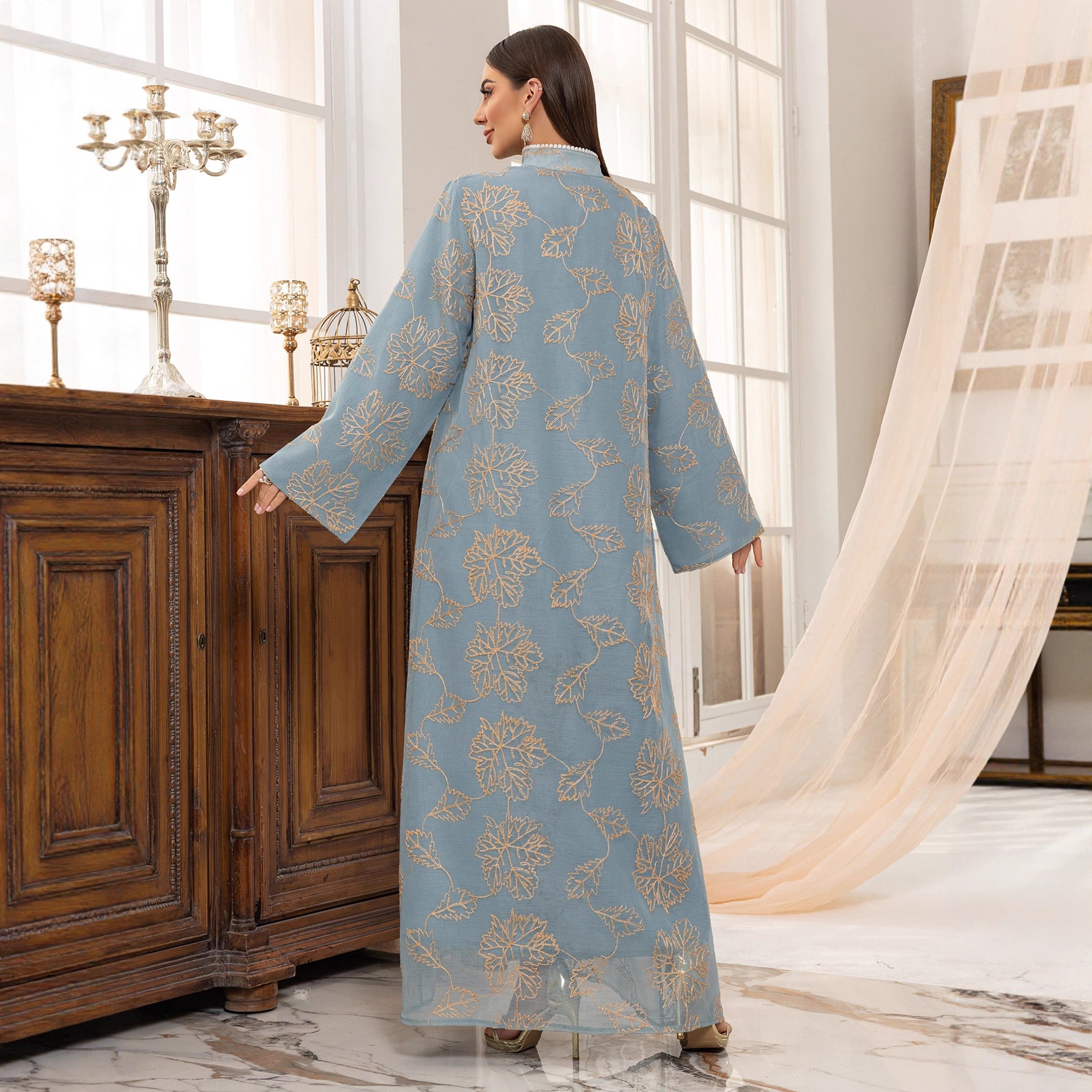 Fringed Leaf Embroidered Mesh Kaftan Dress Jalabiya Modest Long Maxi Dress for Muslim Women Eid Ramadan Daily Wear S-XXL