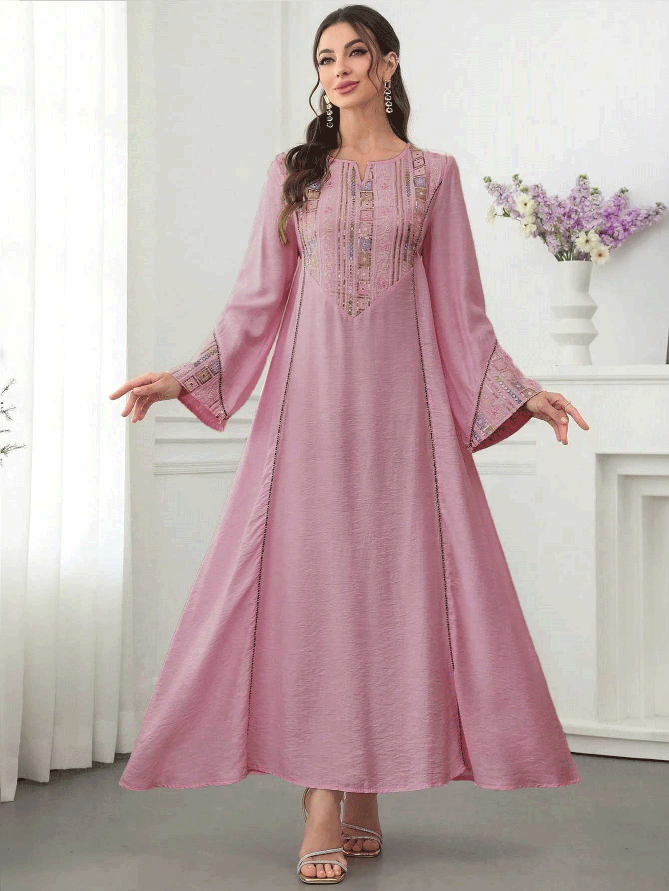 Sequin Embroidered Long Dress with Cover-Up Jalabiya Modest Long Maxi Dress for Muslim Women Ramadan Prayer Casual Wear S-XXL
