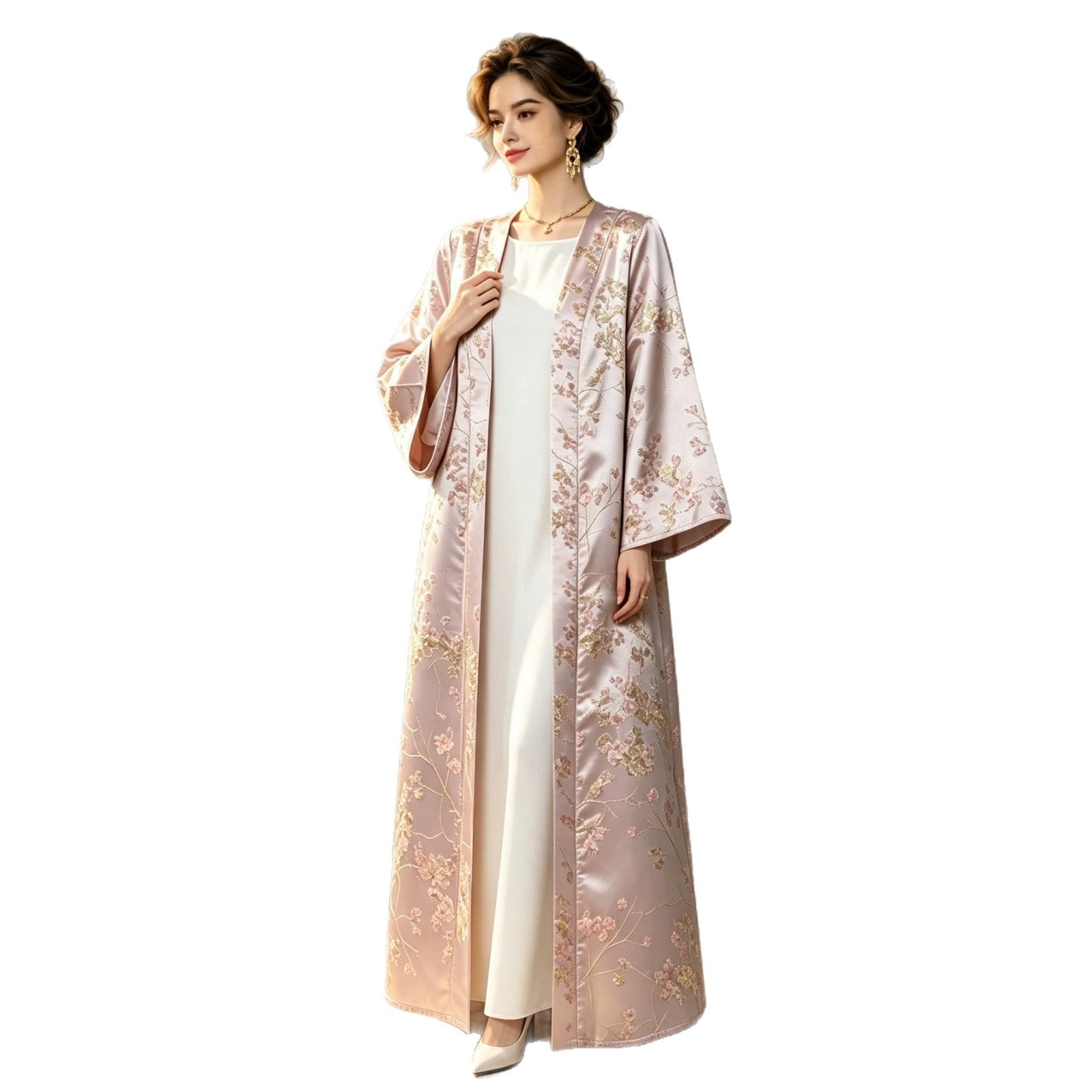 Pink Satin Gold Thread Embroidered Open Cardigan Maxi Abaya Dress Jalabiya Modest Long Dress for Eid Ramadan Festive Celebration S-XXL