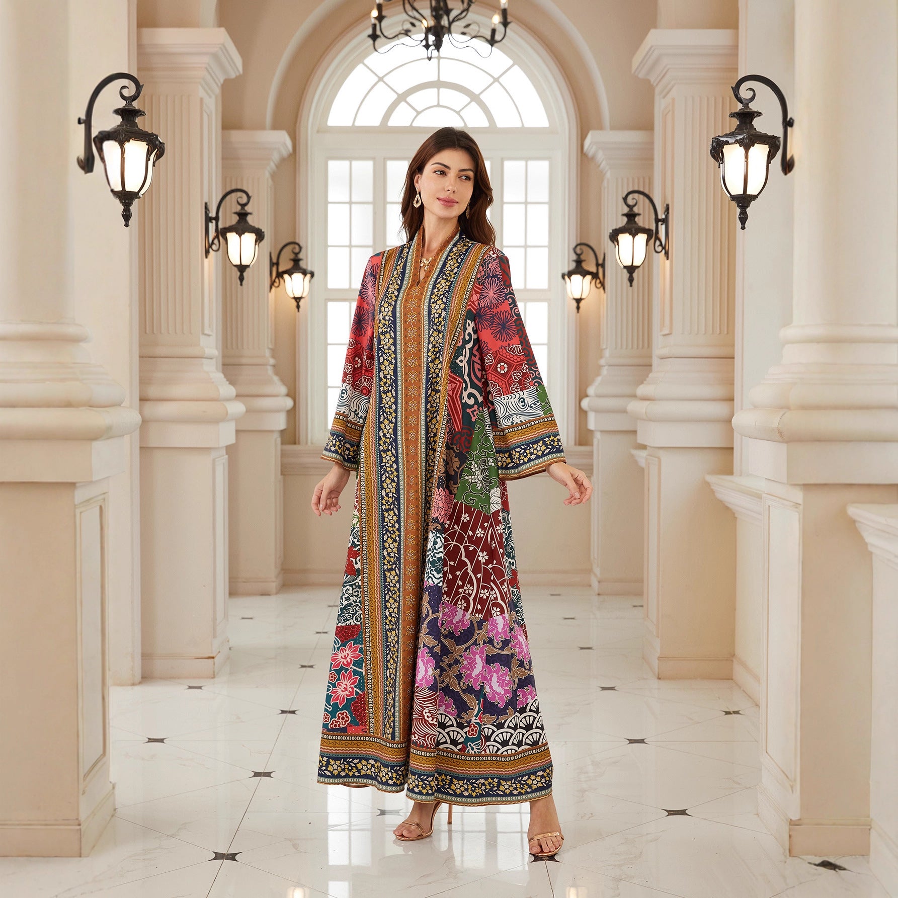 Radiant Floral Jalabiya – V-Neck Bohemian Modest Maxi Dress