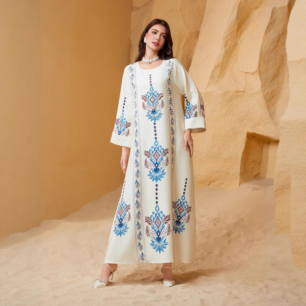 White Printed Abaya Maxi Dress - Flowing Modest Muslim Robe
