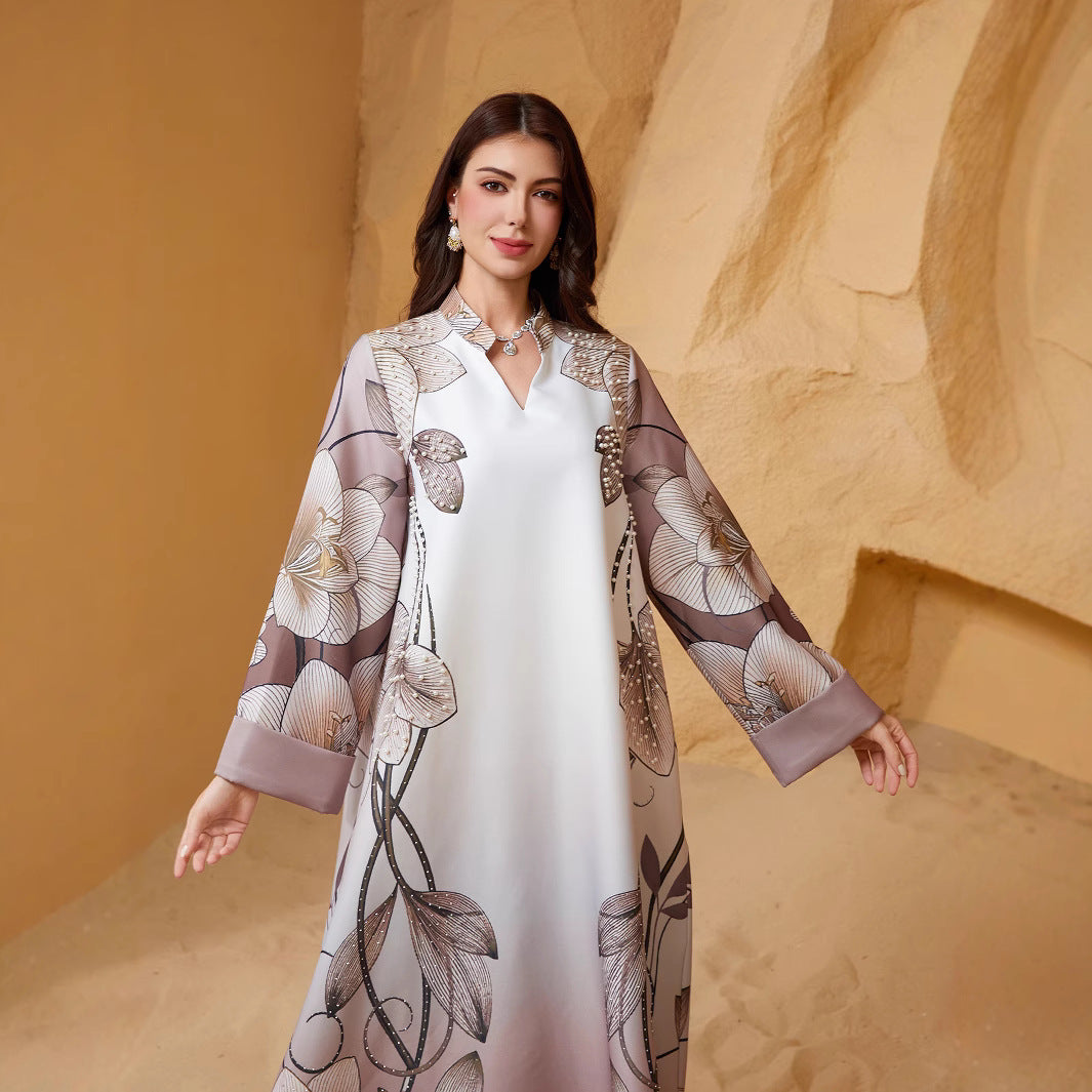 Coffee Reversed Sleeve Rhinestone Beaded V-Neck Maxi Dress